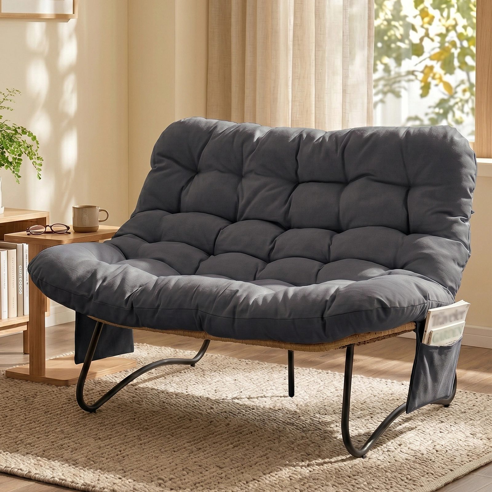 133×94×87cm 2-Seater Curved Wicker Loveseat with Magazine Pockets & Grey Cushion view 11
