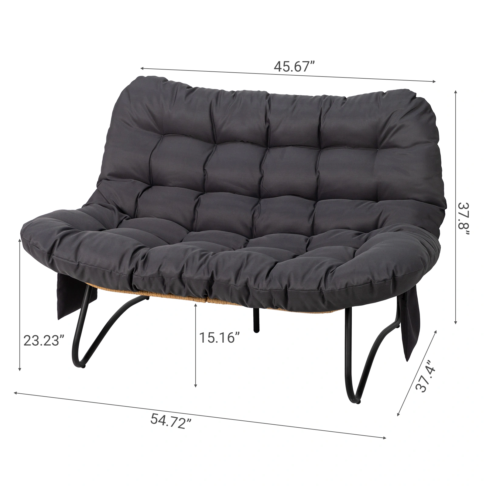 133×94×87cm 2-Seater Curved Wicker Loveseat with Magazine Pockets & Grey Cushion view 3