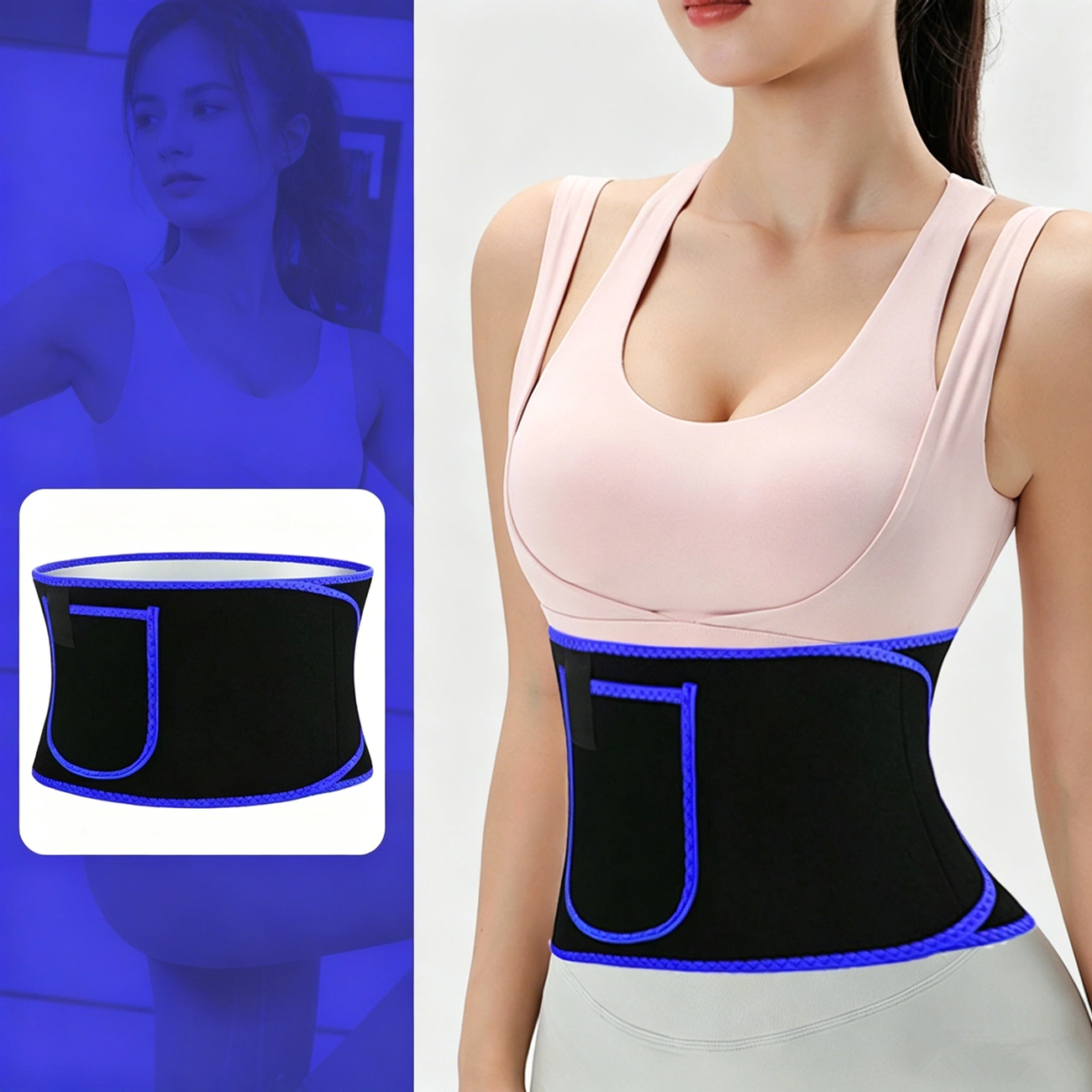 Waist Trainer Belt with Phone Pocket, Men Women Sweat Training Waist Cincher Workout Shaper, Blue-Black view 2