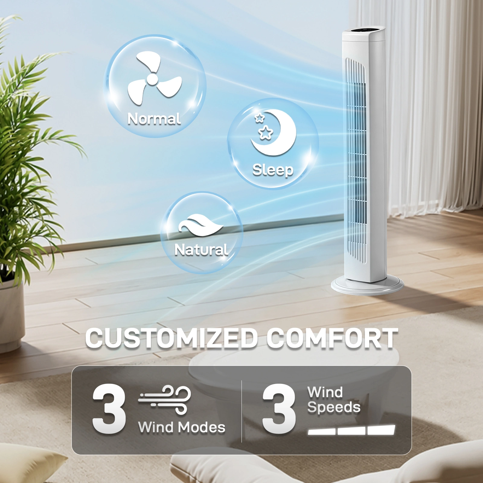 US Standard RTW-AR Tower Fan, 110V 45W, 32 Inch, Column Shape, White Plastic Body, Copper Motor, Touch & Remote Control, 3 Speeds, 3 Modes, Oscillating Function, 7.5-Hour Timer, For Home Use view 9