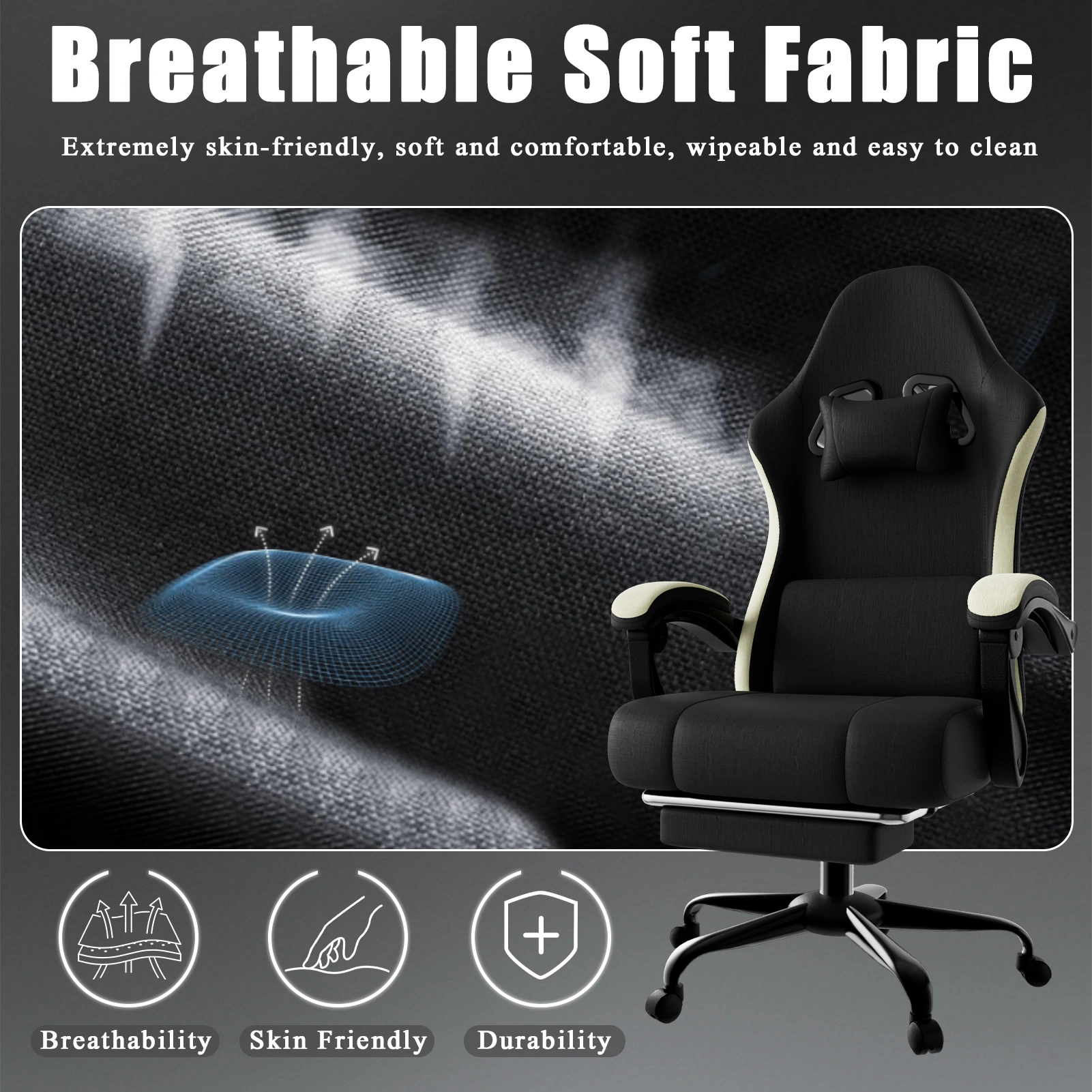 Ergonomic Gaming Chair with Pocketed Spring Cushion, Breathable Fabric Computer Chair with Footrest, Adjustable Lumbar Support Video Game Chair view 4