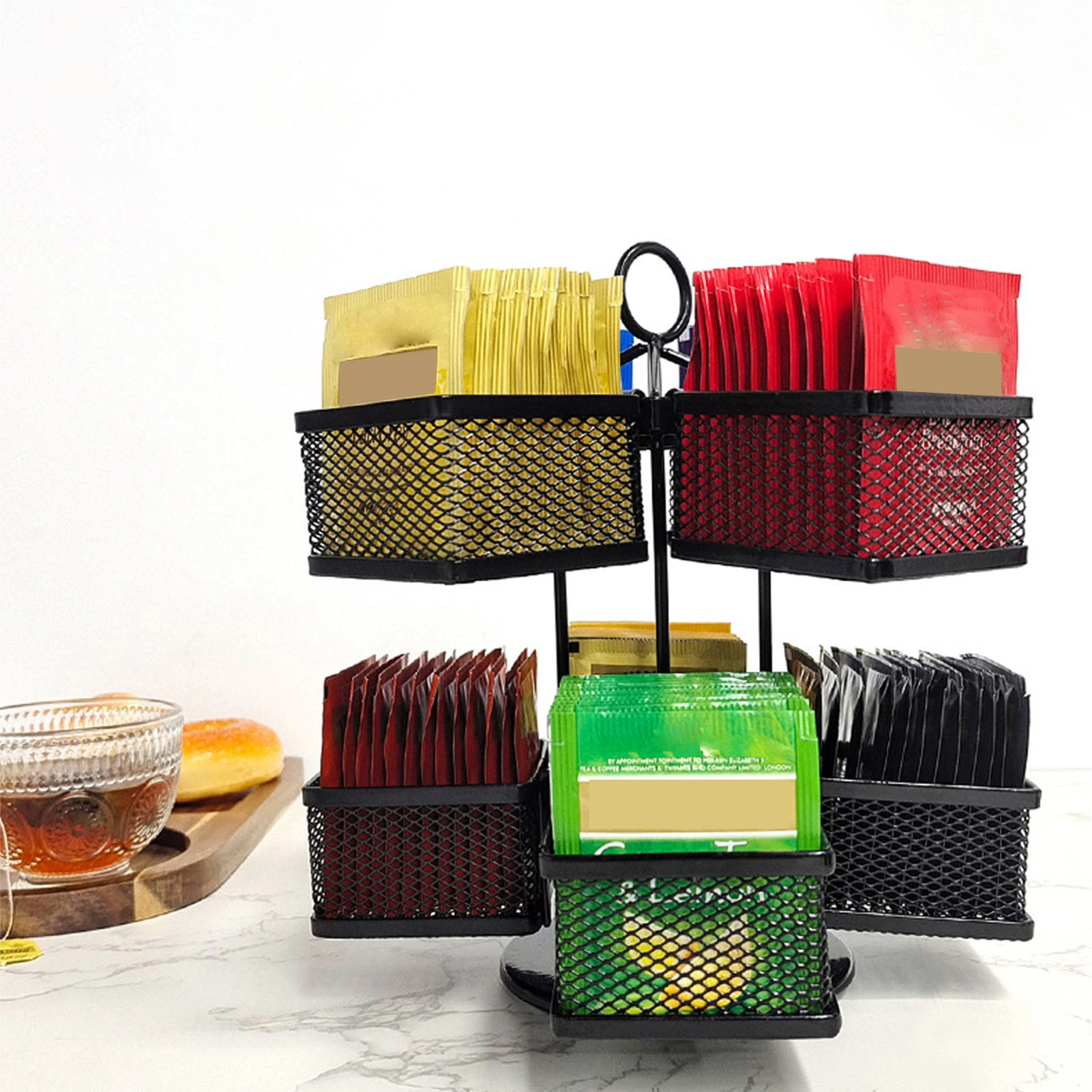 2-Tier Tea Bag Organizer with 8 Removable Baskets, Rotating Tea Bag Rack Stores Up to 96 Teabags, Black for Kitchen view 2
