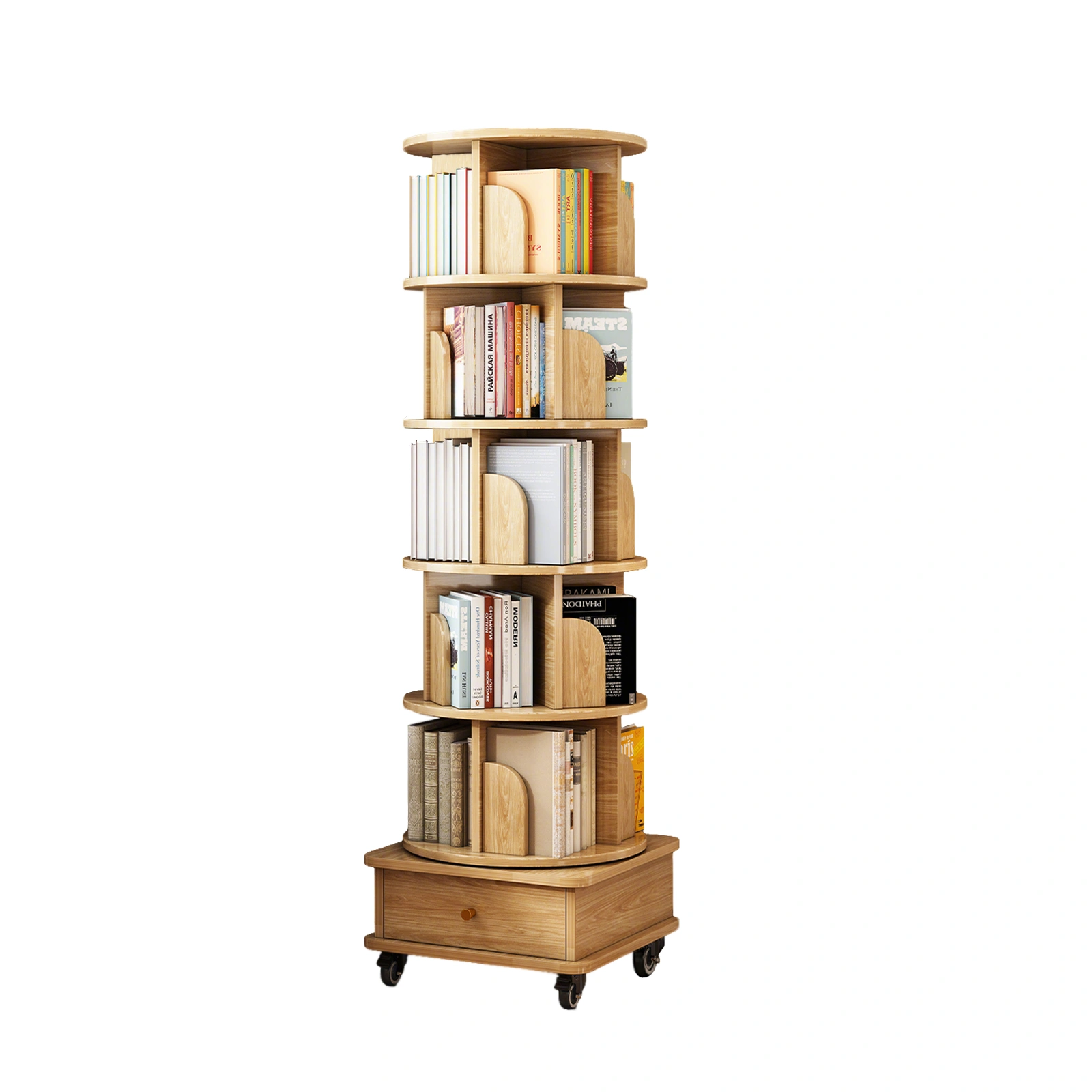 6 Tier Rotating Bookshelf 360° Spinning Round Display Shelf with Wheels & Drawer, Space Saving Book Tower for Bedroom Living Room Office, Wood Color view 3