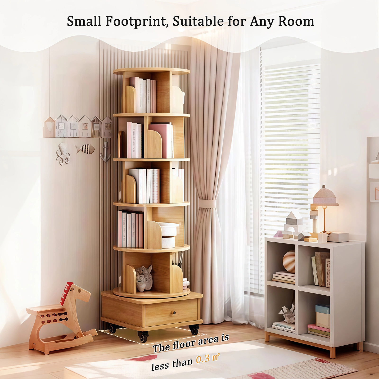 6 Tier Rotating Bookshelf 360° Spinning Round Display Shelf with Wheels & Drawer, Space Saving Book Tower for Bedroom Living Room Office, Wood Color view 7
