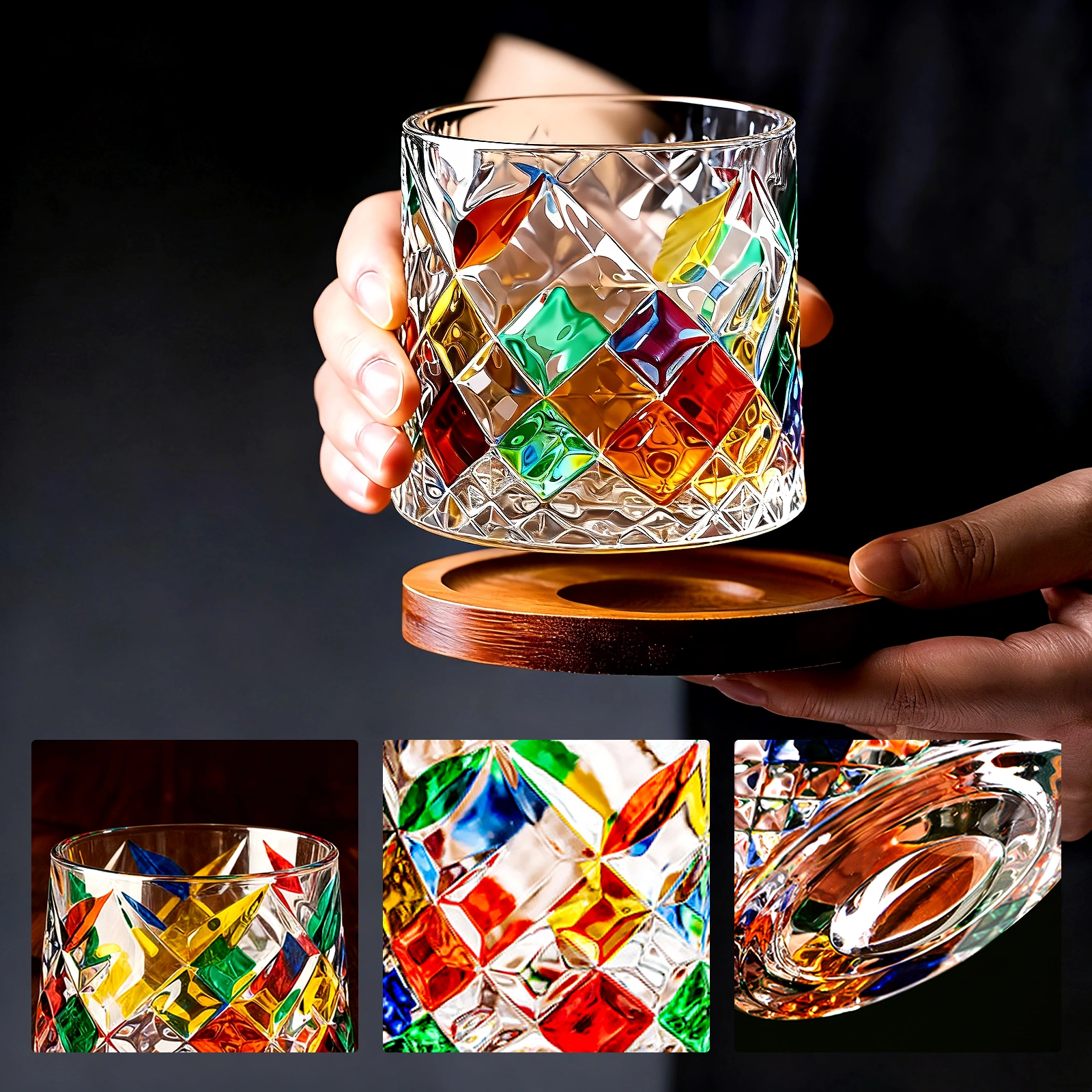 Rainbow Diamond Pattern Whisky Glasses Set of 4, 275ml Engraved Rocks Glasses for Bourbon, Rum, Gin, Cocktails & Spirits view 4