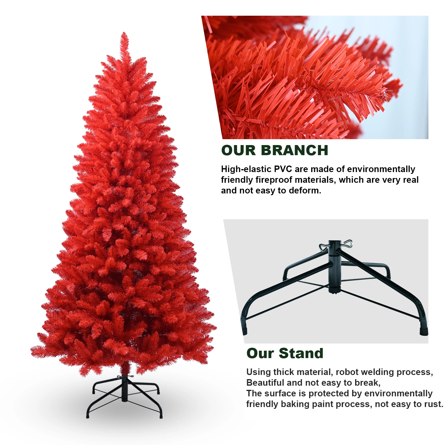 5FT Red Christmas Tree, Pure Red PVC with 624 Tips, Hinged Branches, Stable Metal Stand, Bold Holiday Decor for Home & Office view 6