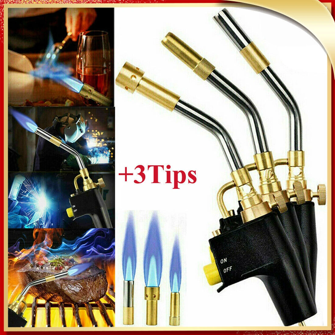 Propane Torch with MAPP Gas Adapter, Welding & Brazing Blowtorch, Plumber's Kit w/ 3 Nozzles for Hard Soldering
