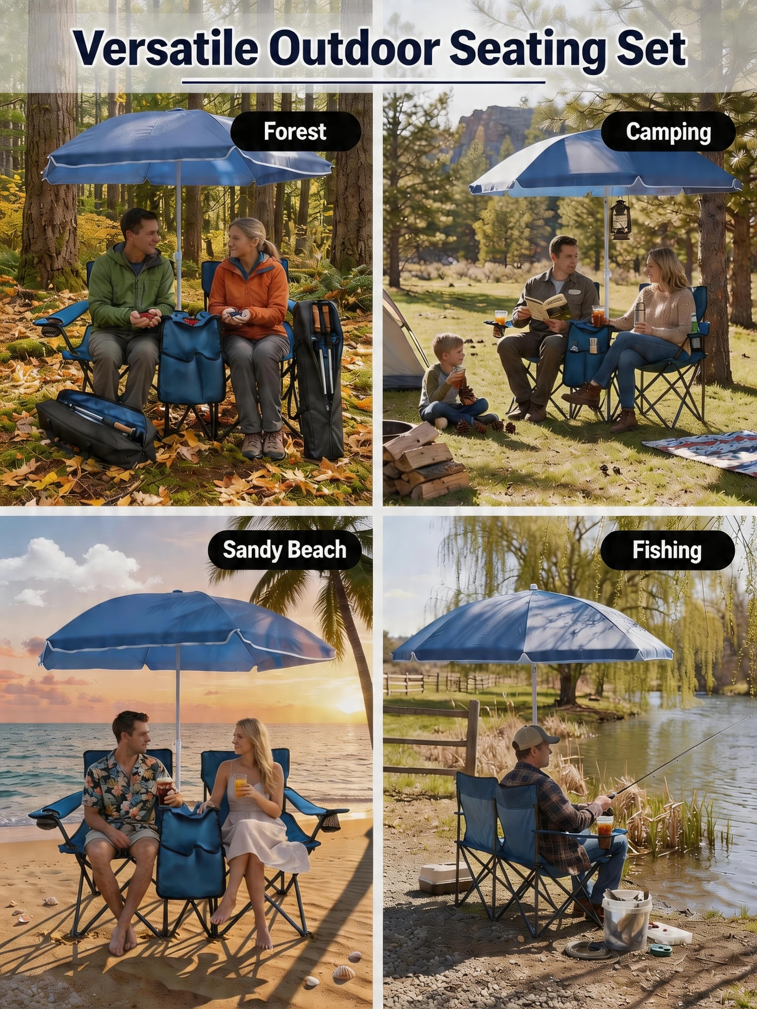 Portable Double Folding Beach Chair Set with Umbrella, 2-Person Outdoor Camping Chair with Cup Holders, Foldable Patio Chair for Picnic, Backyard, Travel, Blue view 10