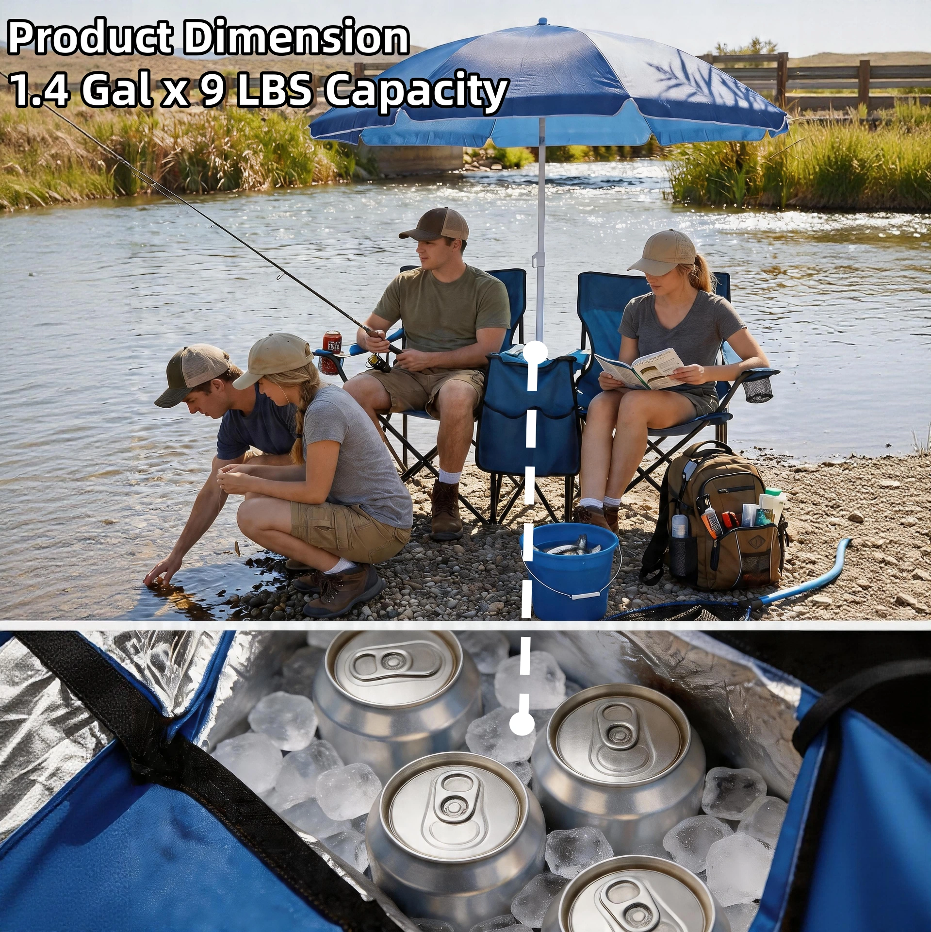 Portable Double Folding Beach Chair Set with Umbrella, 2-Person Outdoor Camping Chair with Cup Holders, Foldable Patio Chair for Picnic, Backyard, Travel, Blue view 11