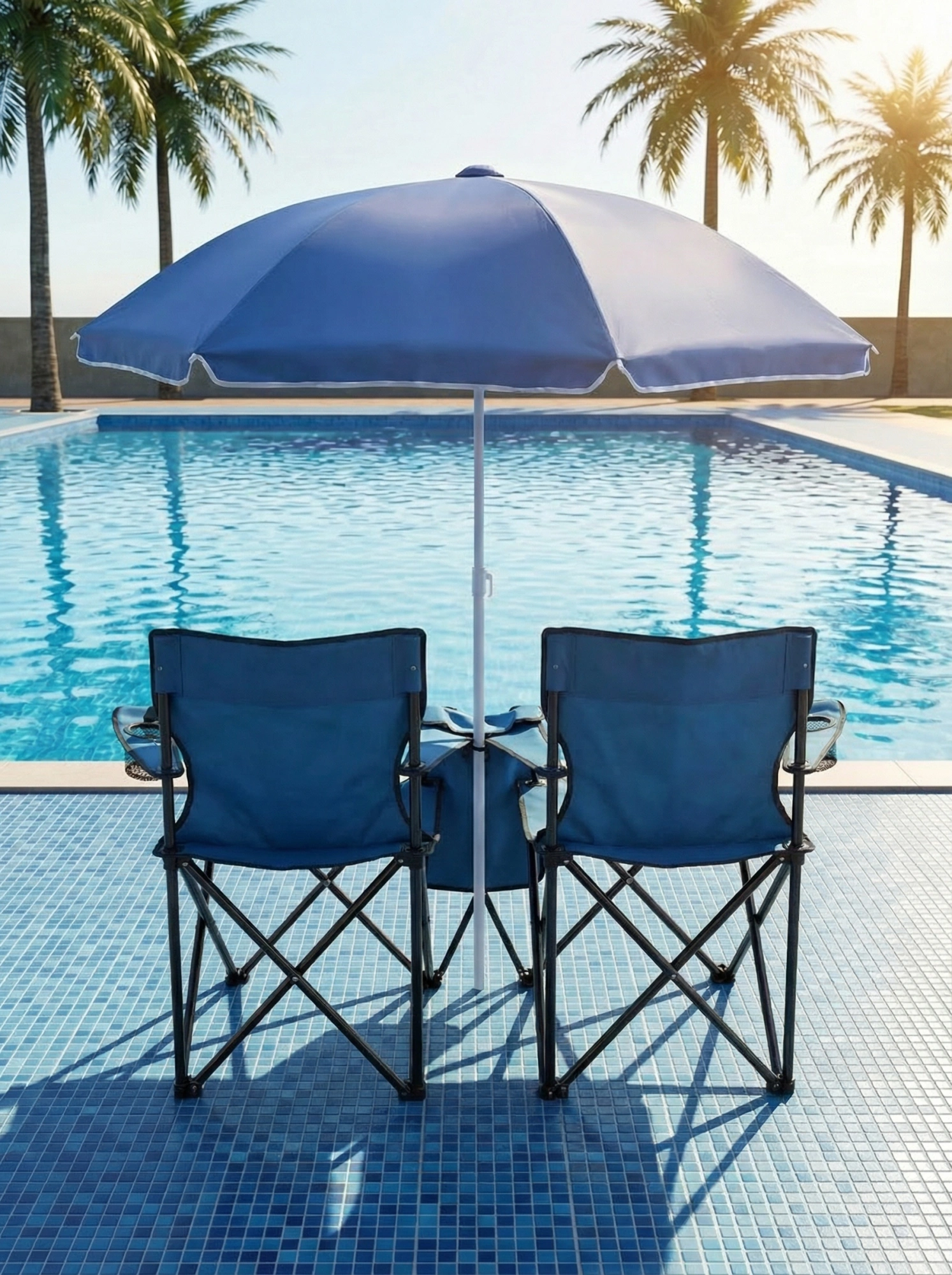 Portable Double Folding Beach Chair Set with Umbrella, 2-Person Outdoor Camping Chair with Cup Holders, Foldable Patio Chair for Picnic, Backyard, Travel, Blue view 2
