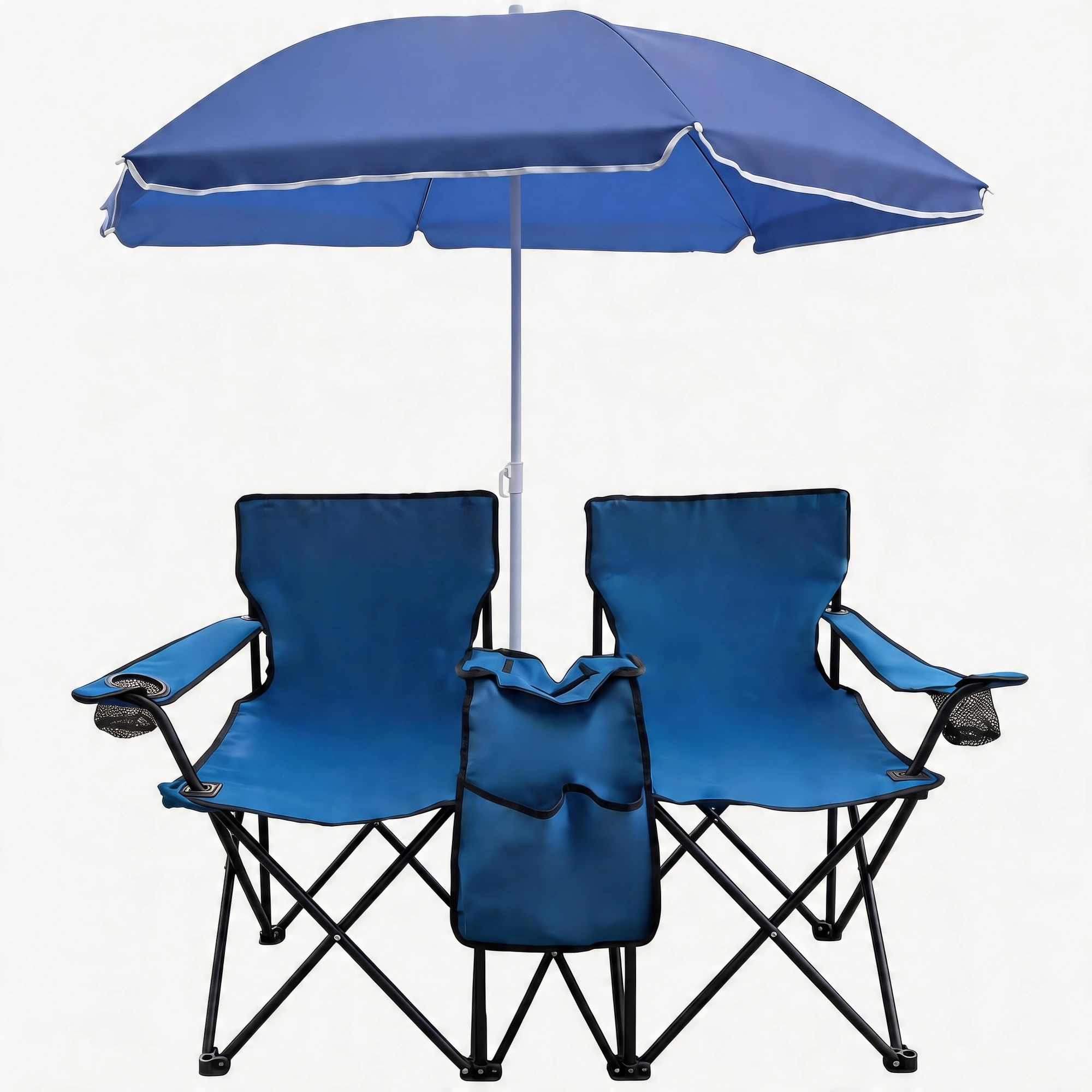 Portable Double Folding Beach Chair Set with Umbrella, 2-Person Outdoor Camping Chair with Cup Holders, Foldable Patio Chair for Picnic, Backyard, Travel, Blue view 4