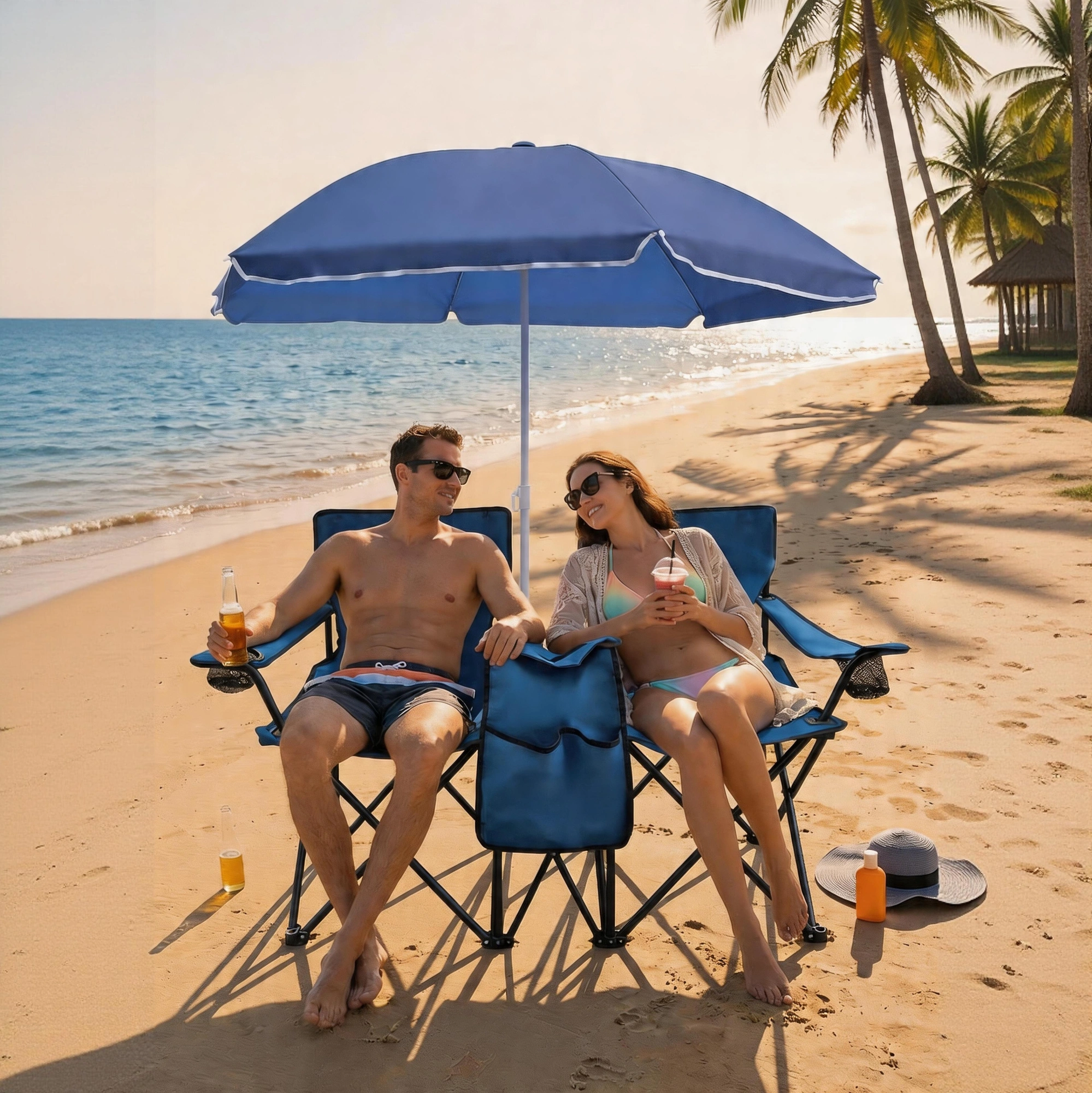 Portable Double Folding Beach Chair Set with Umbrella, 2-Person Outdoor Camping Chair with Cup Holders, Foldable Patio Chair for Picnic, Backyard, Travel, Blue view 6
