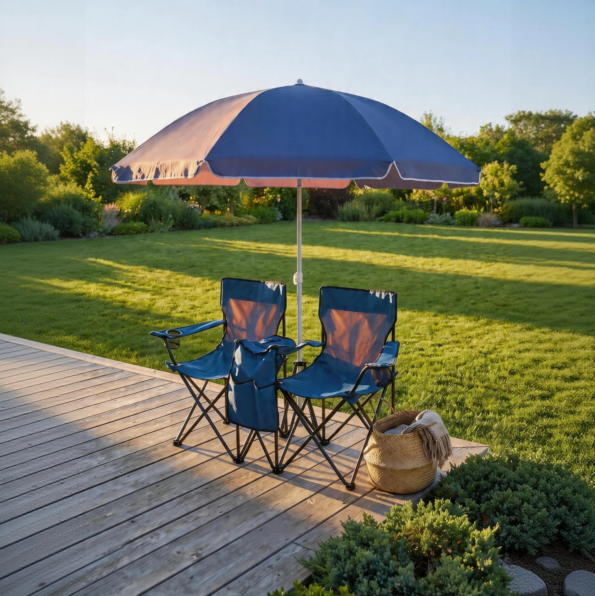 Portable Double Folding Beach Chair Set with Umbrella, 2-Person Outdoor Camping Chair with Cup Holders, Foldable Patio Chair for Picnic, Backyard, Travel, Blue view 7
