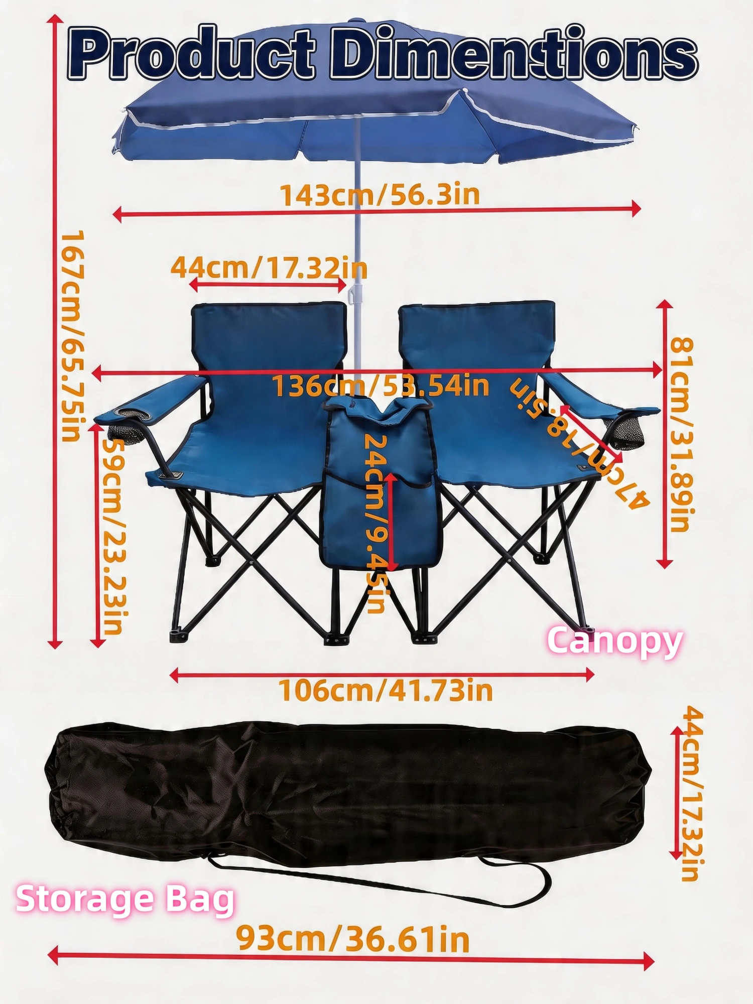 Portable Double Folding Beach Chair Set with Umbrella, 2-Person Outdoor Camping Chair with Cup Holders, Foldable Patio Chair for Picnic, Backyard, Travel, Blue view 8