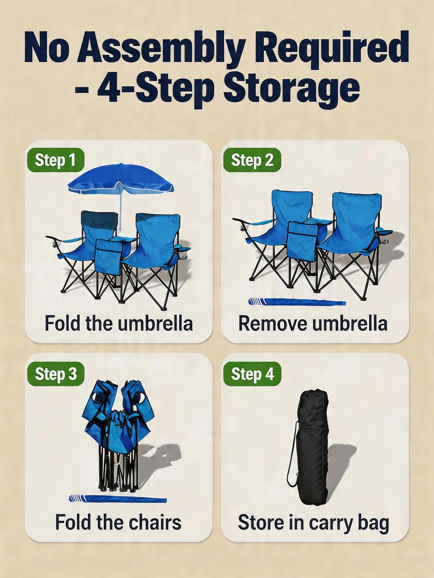 Portable Double Folding Beach Chair Set with Umbrella, 2-Person Outdoor Camping Chair with Cup Holders, Foldable Patio Chair for Picnic, Backyard, Travel, Blue view 9