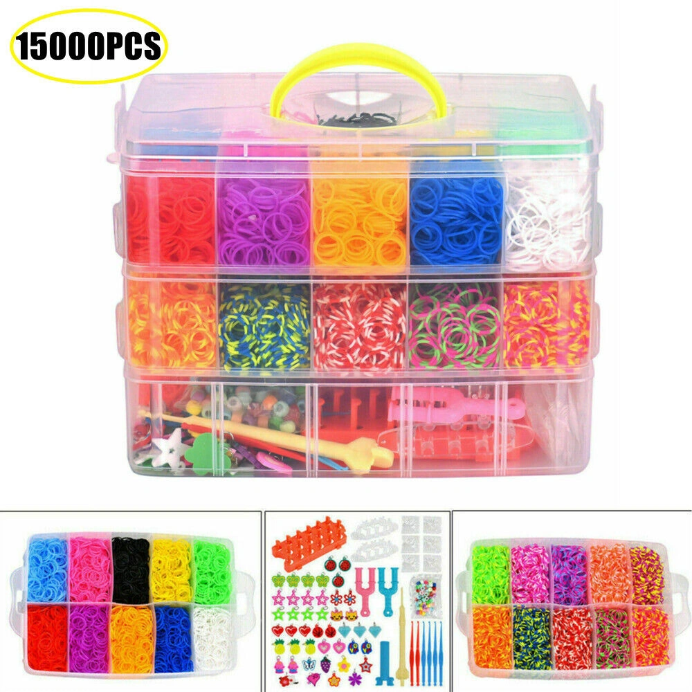 15000pcs Loom Bands Kit with Box, Rainbow Rubber Bands for Making Woven Bracelets for Kids