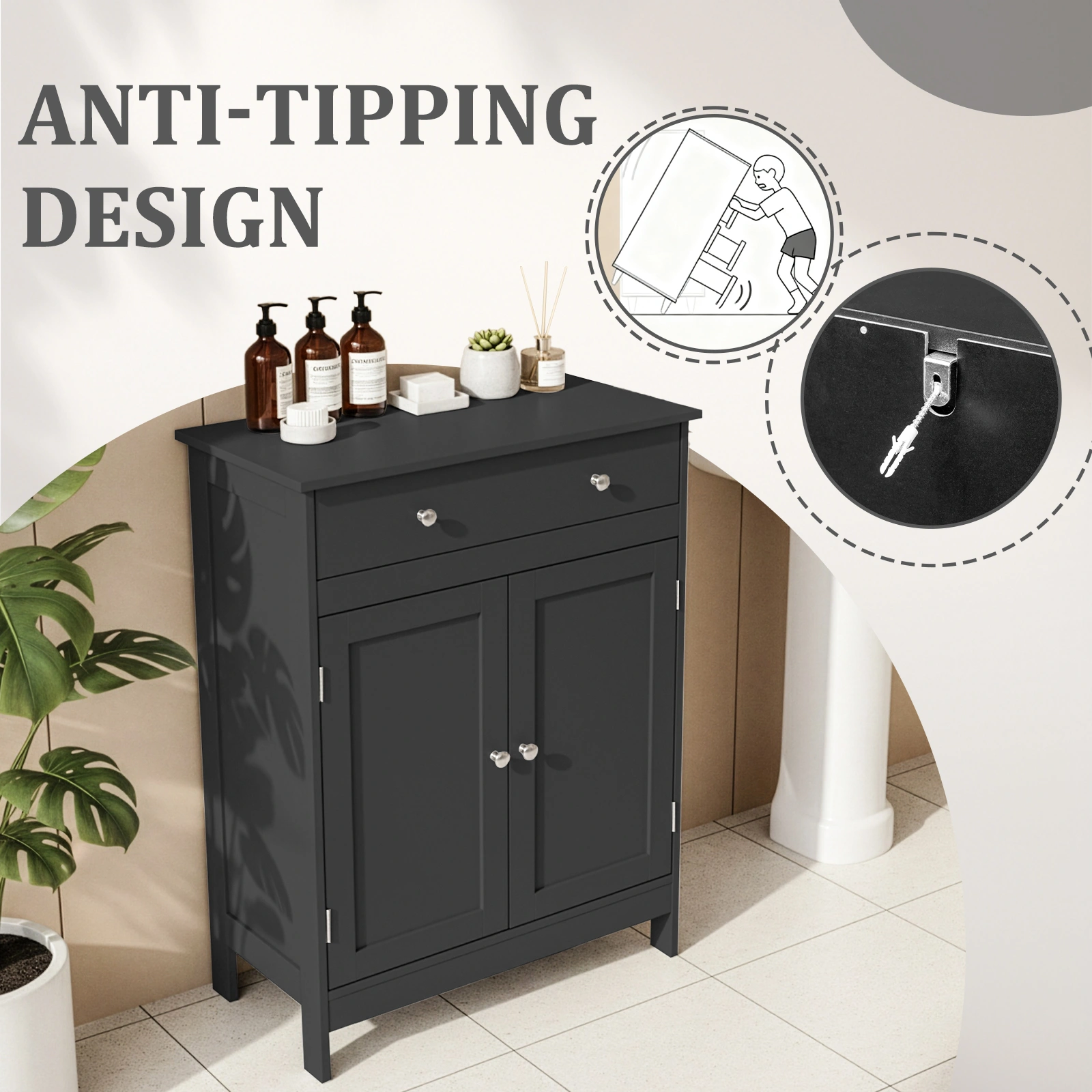 Black particleboard with melamine veneer, 60*30*80cm, double doors, single drawer, bathroom vanity view 14