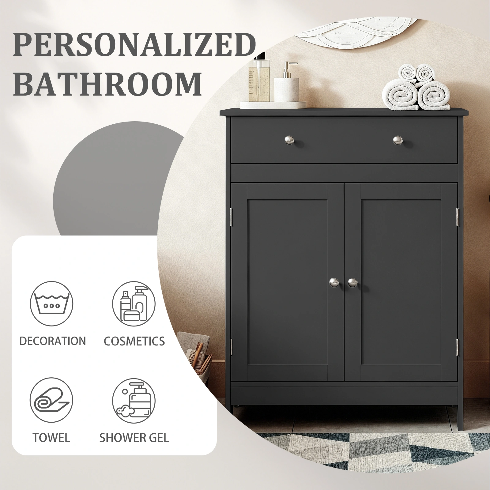 Black particleboard with melamine veneer, 60*30*80cm, double doors, single drawer, bathroom vanity view 15