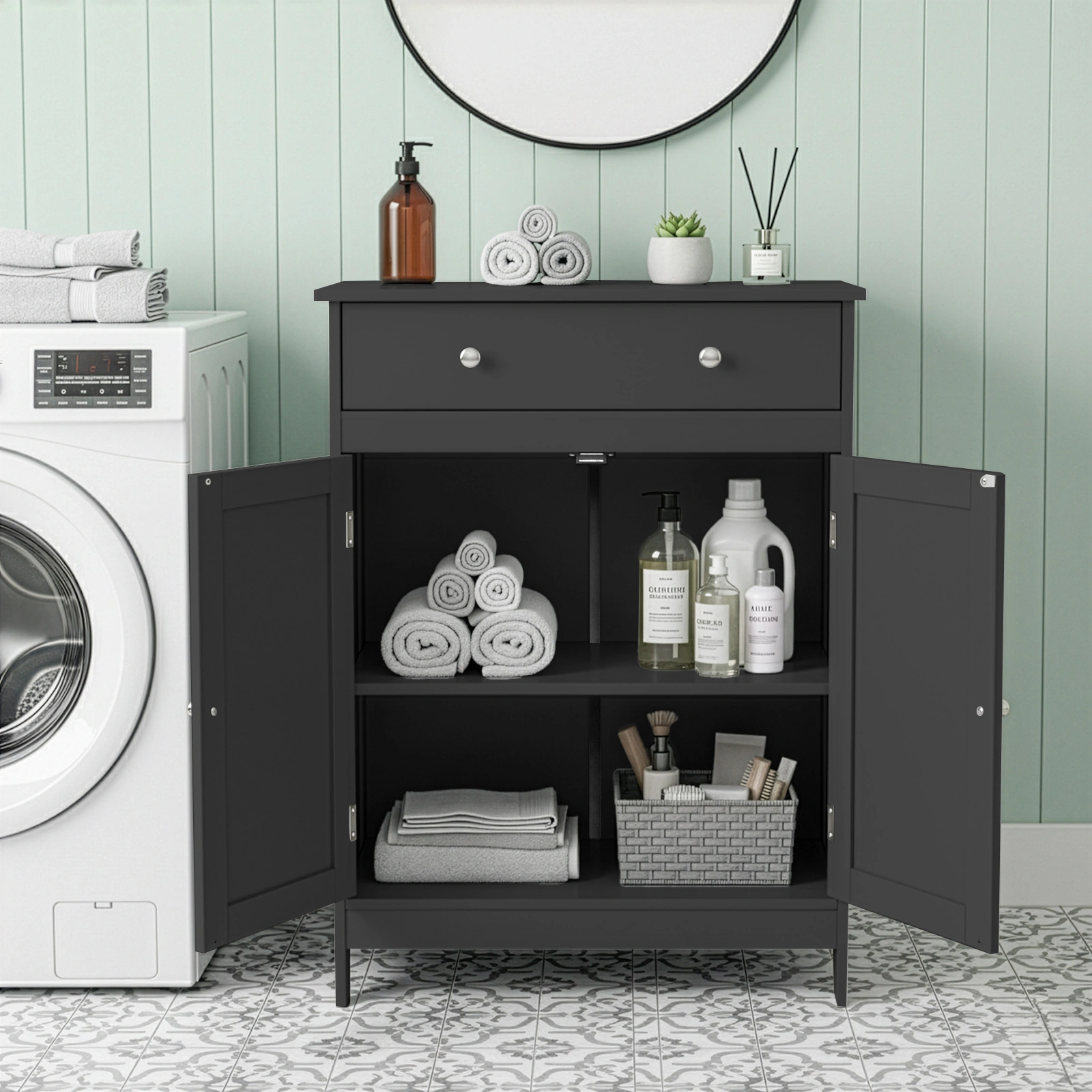 Black particleboard with melamine veneer, 60*30*80cm, double doors, single drawer, bathroom vanity view 5