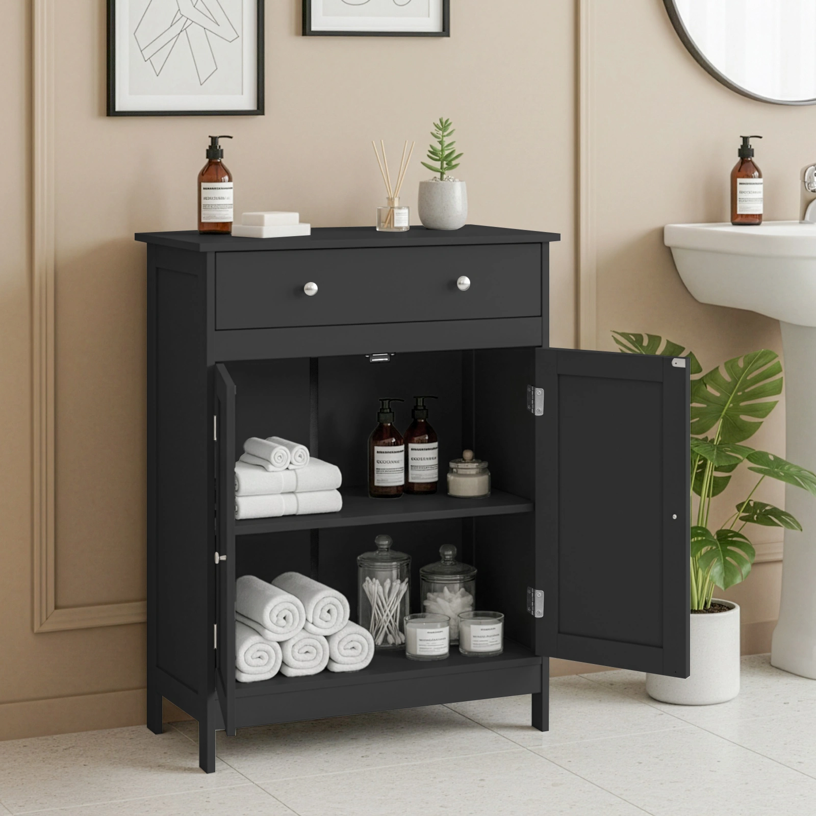 Black particleboard with melamine veneer, 60*30*80cm, double doors, single drawer, bathroom vanity view 8