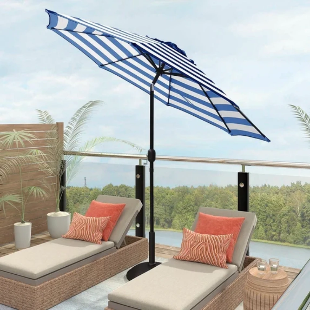 Outdoor 9ft Patio Umbrella with Crank Handle and Push Button Tilt, Outdoor Market Umbrella with 8 Ribs - Blue Stripe view 6
