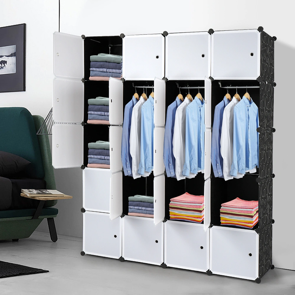 20 Cube Organizer Stackable Plastic Cube Storage Shelves Design Multifunctional Modular Closet Cabinet with Hanging Rod White Doors and Black Panels view 2
