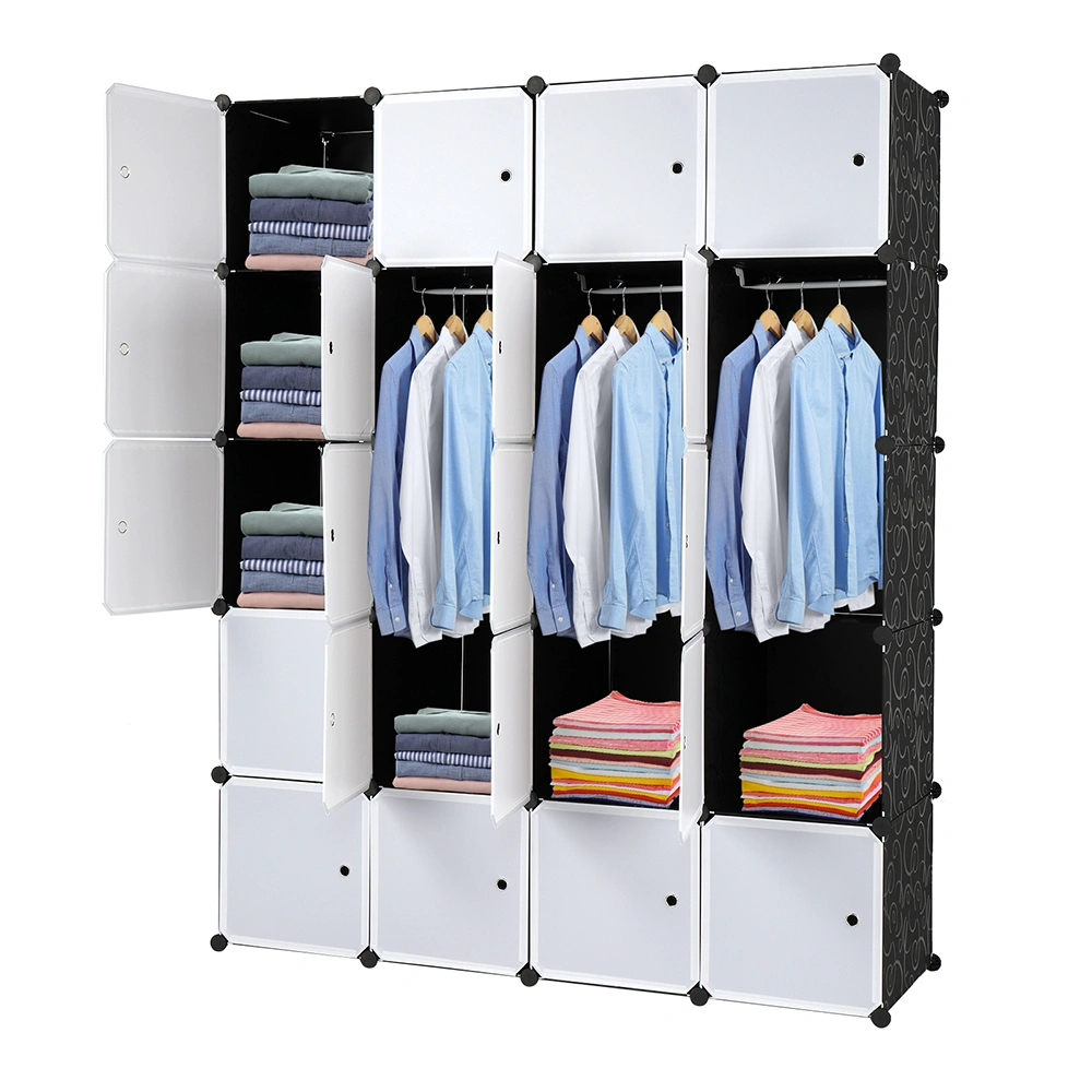 20 Cube Organizer Stackable Plastic Cube Storage Shelves Design Multifunctional Modular Closet Cabinet with Hanging Rod White Doors and Black Panels view 3