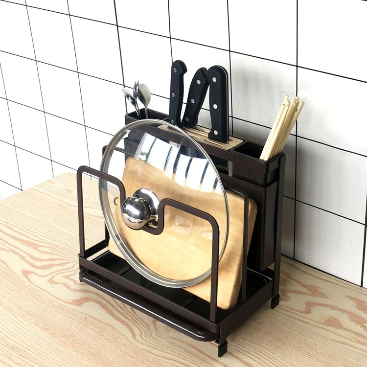 Kitchen Multifunctional Storage Rack with Drip Tray Cutting Board frame Tableware Cutlery Rack Flatware Caddy Pot Cover Lid Frame KJZWJ015HEI view 3