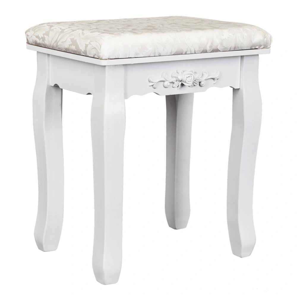 Solid Wood Bent Foot Dressing Stool White Upholstered Vanity Seat