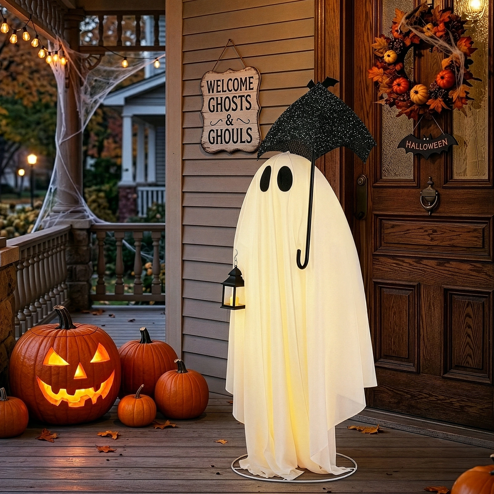5ft Black & White LED Ghost Halloween Decoration - Umbrella Ghost with 100 Warm White Lights, 30V 3.6W Adapter, Spooky Yard Prop view 12