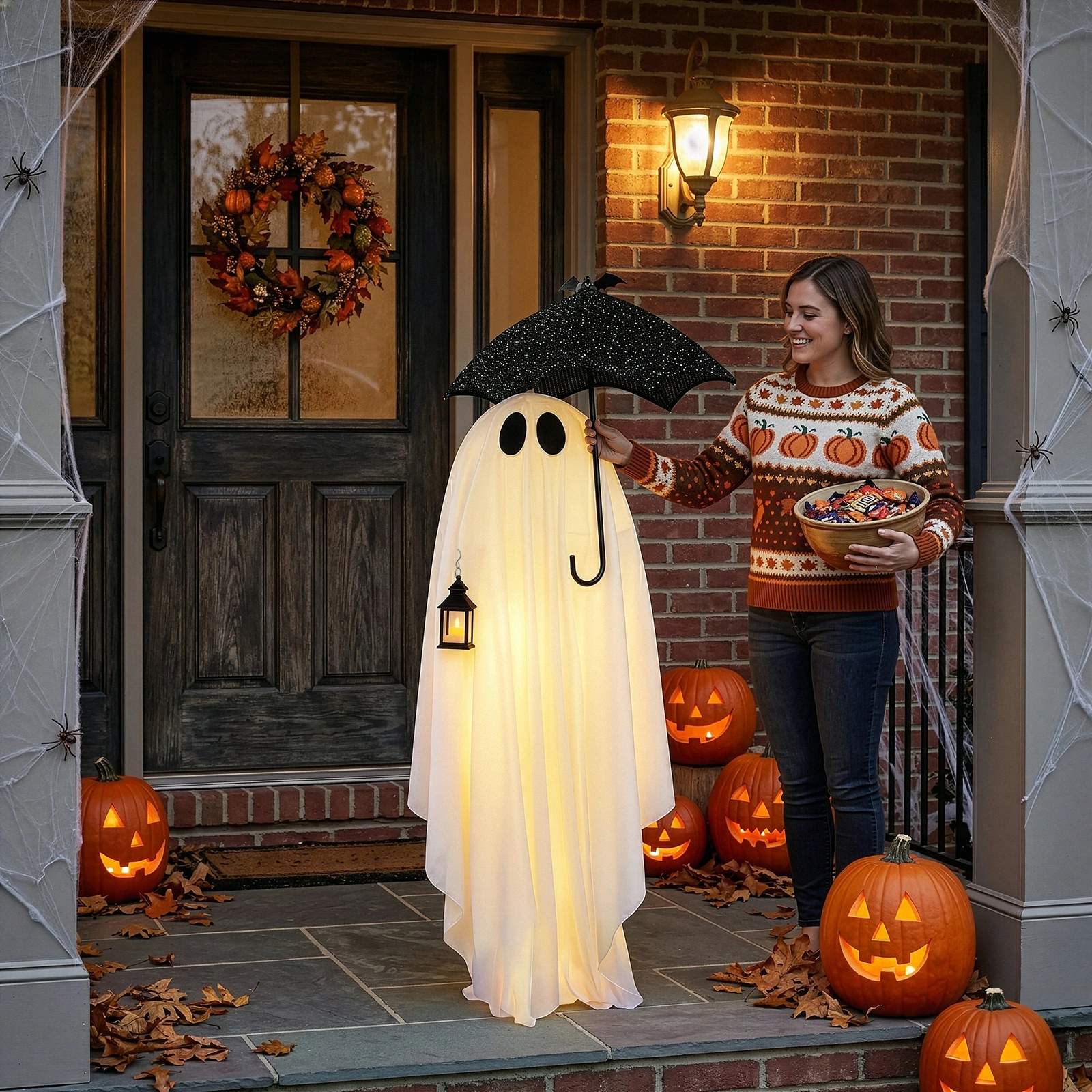 5ft Black & White LED Ghost Halloween Decoration - Umbrella Ghost with 100 Warm White Lights, 30V 3.6W Adapter, Spooky Yard Prop view 14