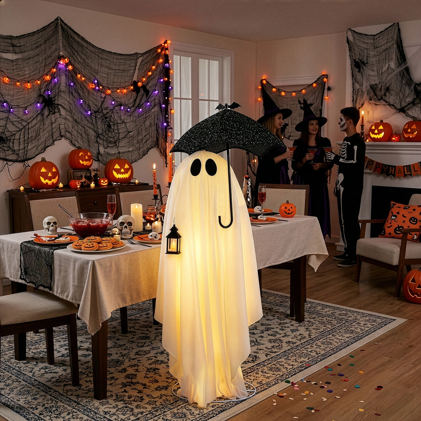 5ft Black & White LED Ghost Halloween Decoration - Umbrella Ghost with 100 Warm White Lights, 30V 3.6W Adapter, Spooky Yard Prop view 15