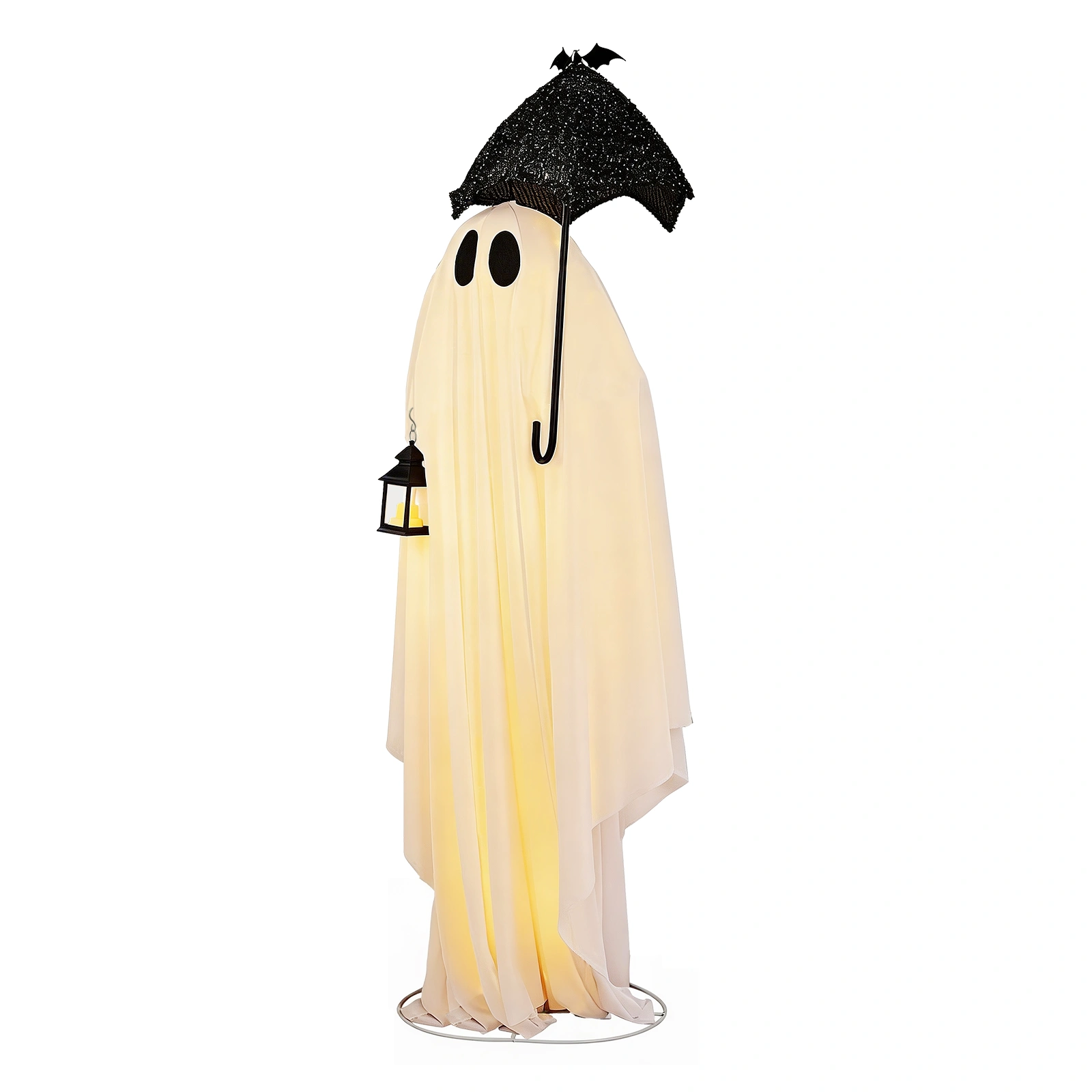 5ft Black & White LED Ghost Halloween Decoration - Umbrella Ghost with 100 Warm White Lights, 30V 3.6W Adapter, Spooky Yard Prop view 2