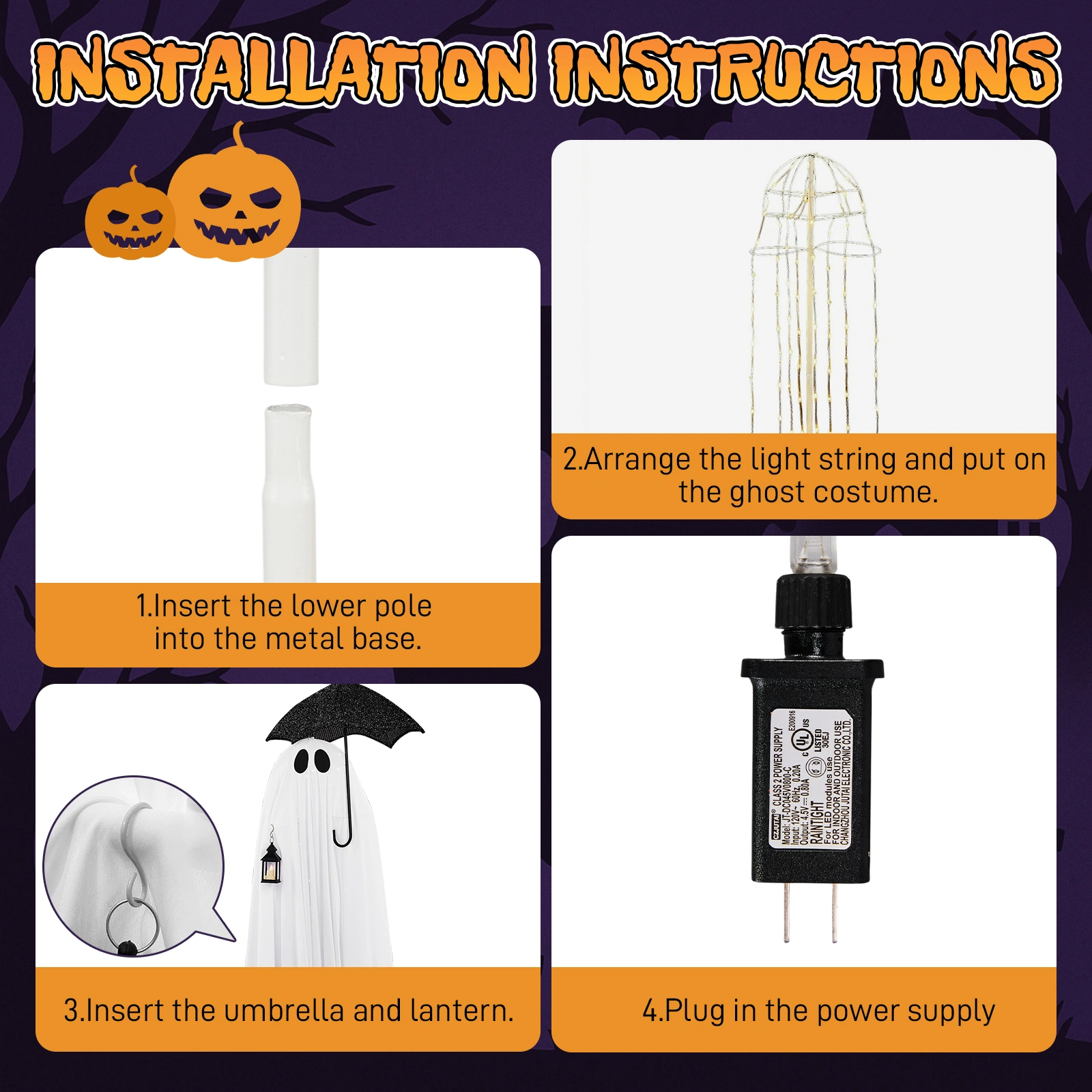 5ft Black & White LED Ghost Halloween Decoration - Umbrella Ghost with 100 Warm White Lights, 30V 3.6W Adapter, Spooky Yard Prop view 4