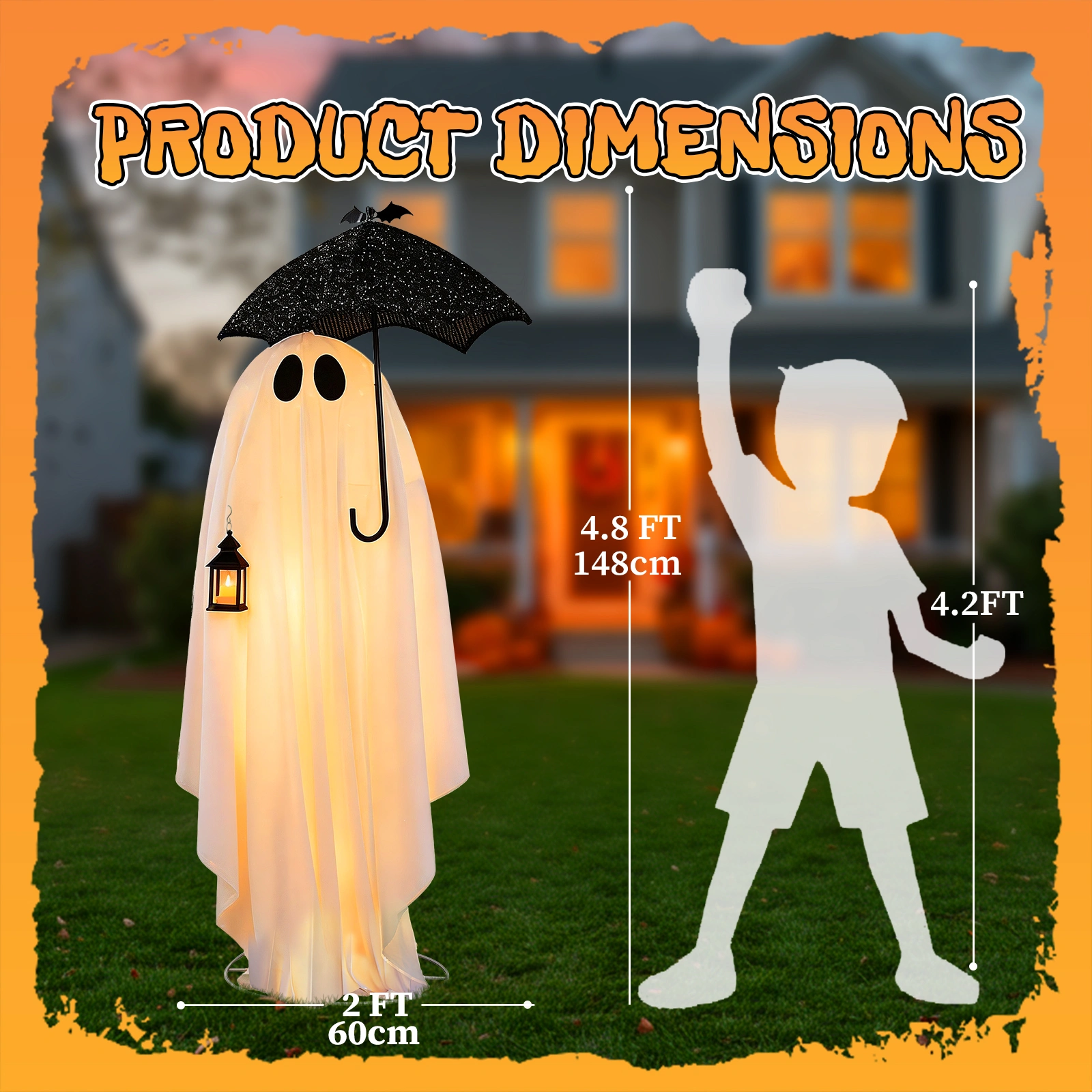 5ft Black & White LED Ghost Halloween Decoration - Umbrella Ghost with 100 Warm White Lights, 30V 3.6W Adapter, Spooky Yard Prop view 5