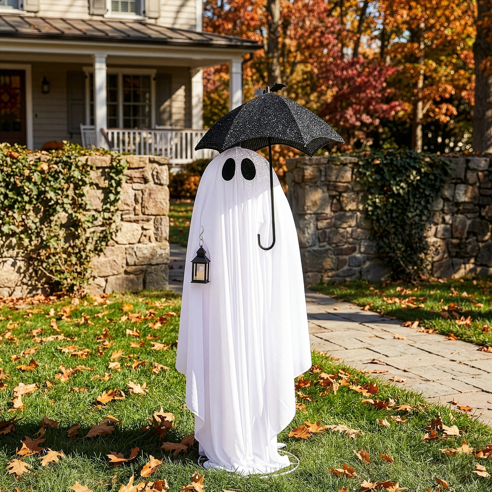 5ft Black & White LED Ghost Halloween Decoration - Umbrella Ghost with 100 Warm White Lights, 30V 3.6W Adapter, Spooky Yard Prop view 8