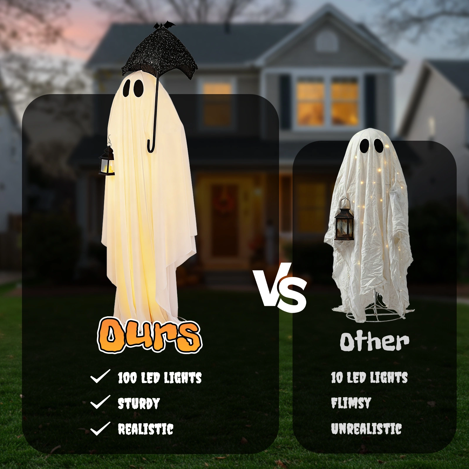 5ft Black & White LED Ghost Halloween Decoration - Umbrella Ghost with 100 Warm White Lights, 30V 3.6W Adapter, Spooky Yard Prop view 9