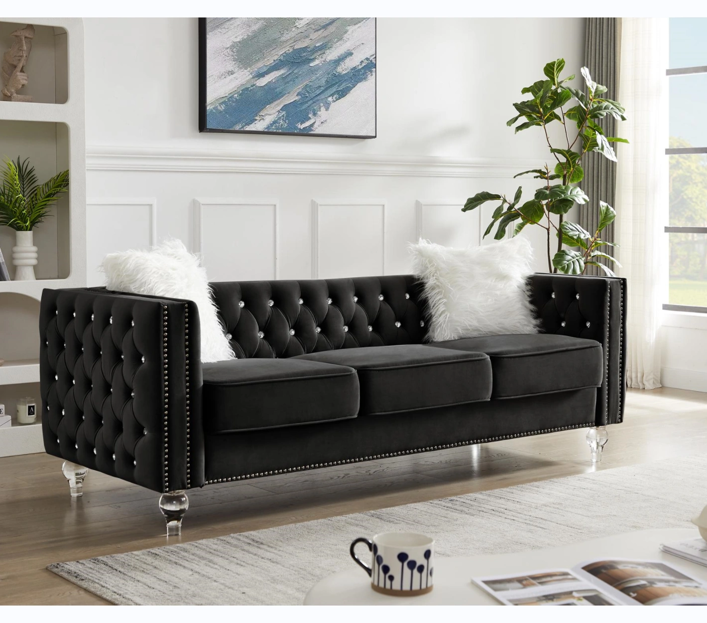 Black Velvet 3-Seater Sofa with Crystal Buckle Detail, Crystal Hairpin Legs, Removable Cushions & 2 Plush Pillows view 2