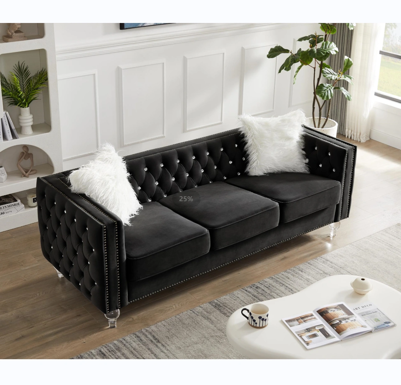 Black Velvet 3-Seater Sofa with Crystal Buckle Detail, Crystal Hairpin Legs, Removable Cushions & 2 Plush Pillows view 3