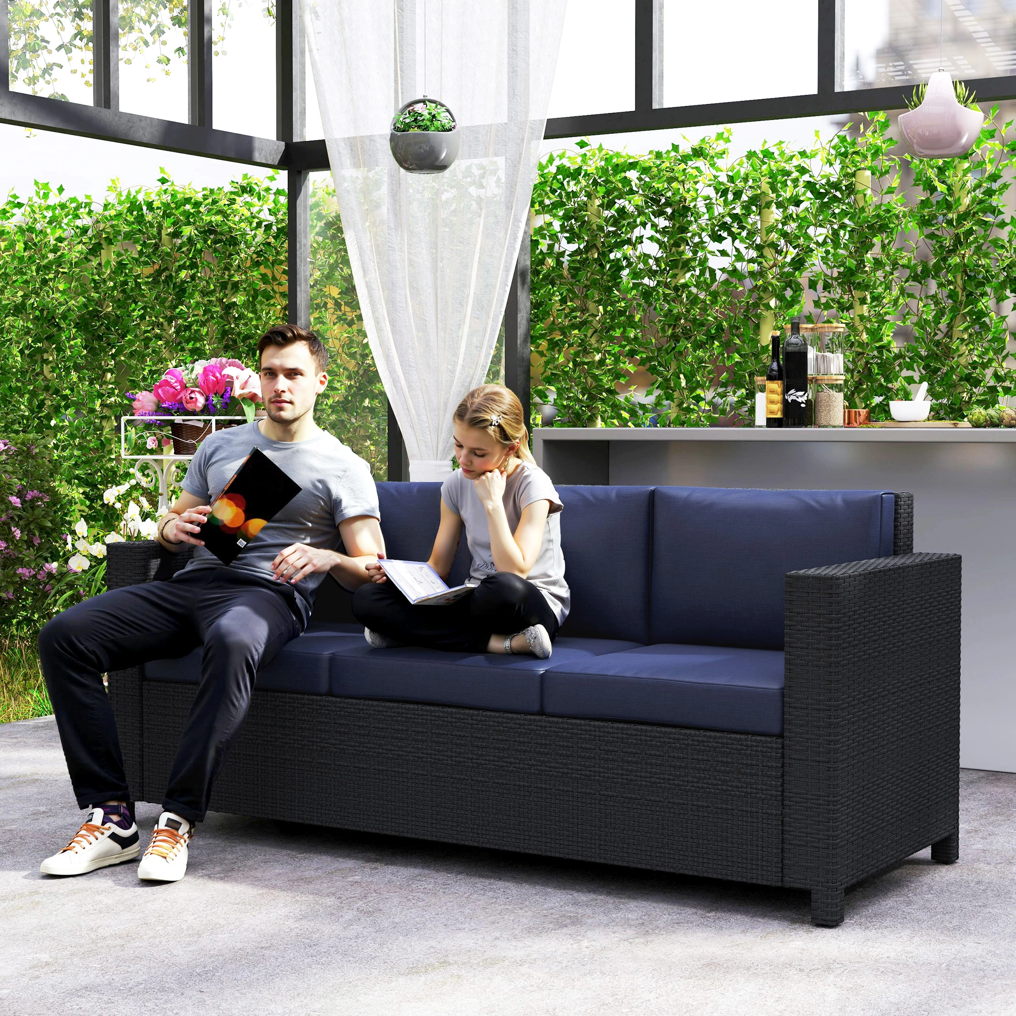 All-Weather Patio Furniture Sectional Sofa 3 Piece PE Rattan Outdoor Garden Chair Table Set