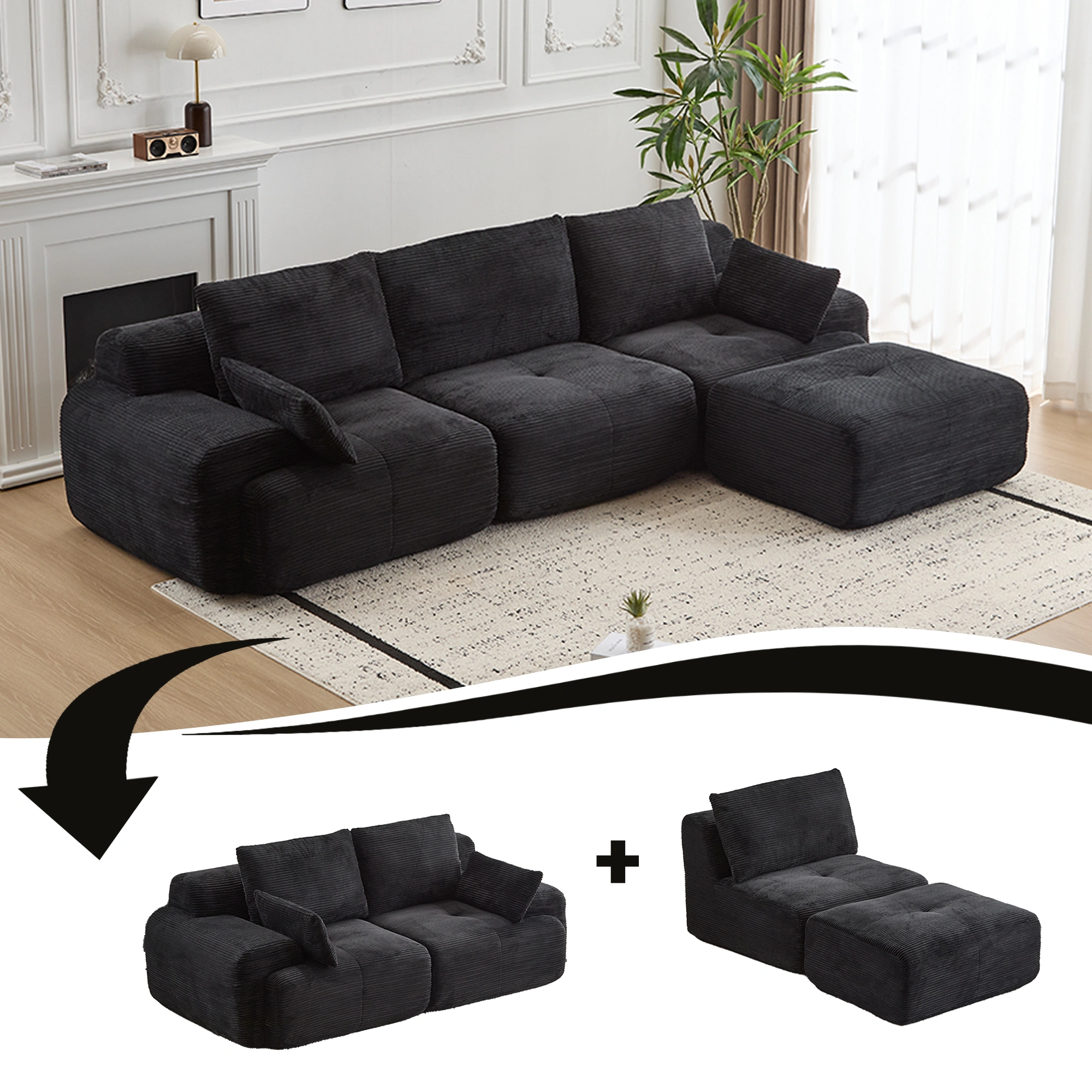 Corduroy Sectional Sofa with Memory Foam, Cloud Modular Couch, Extra Deep Loveseat, Pet-Friendly, Black, No Assembly view 2
