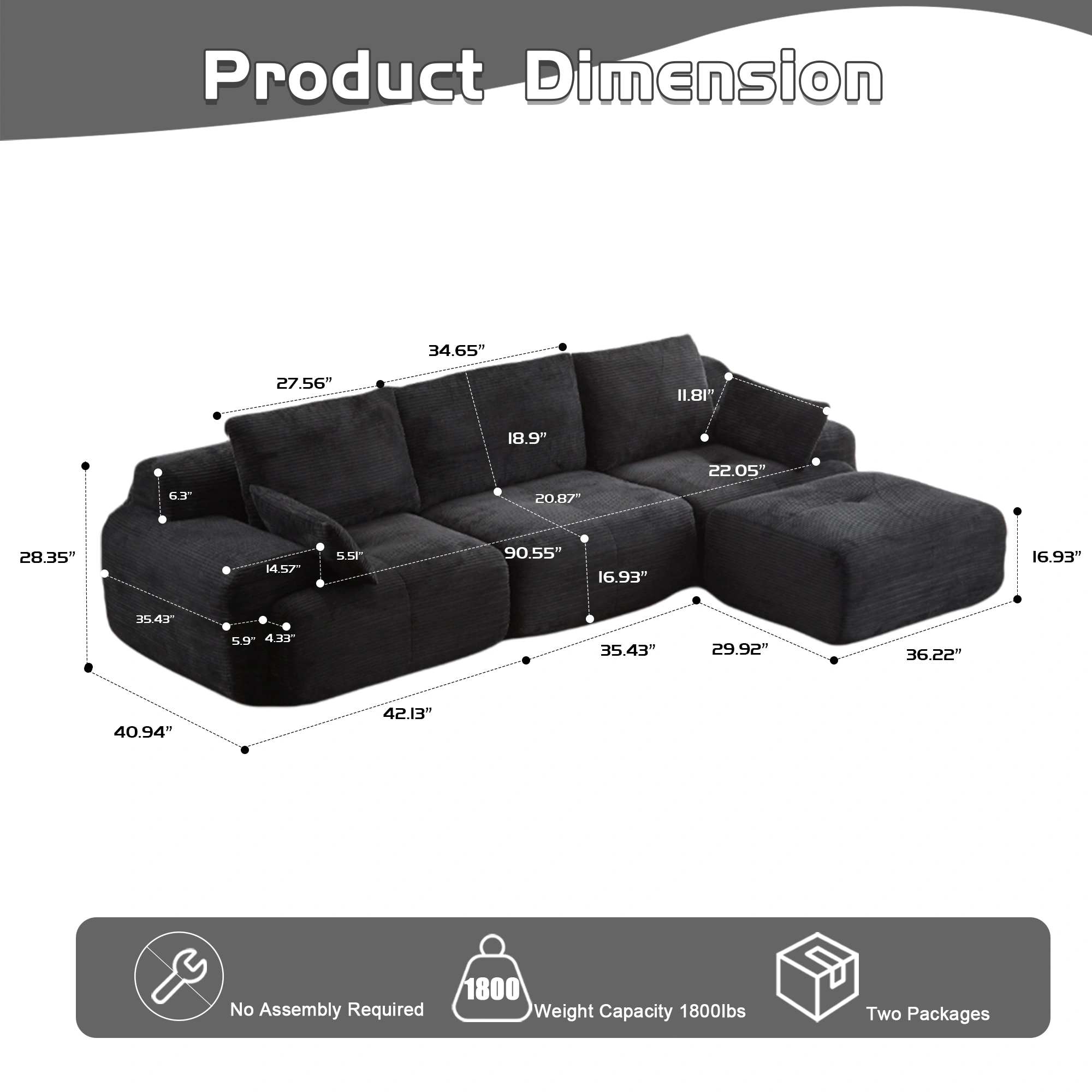 Corduroy Sectional Sofa with Memory Foam, Cloud Modular Couch, Extra Deep Loveseat, Pet-Friendly, Black, No Assembly view 3