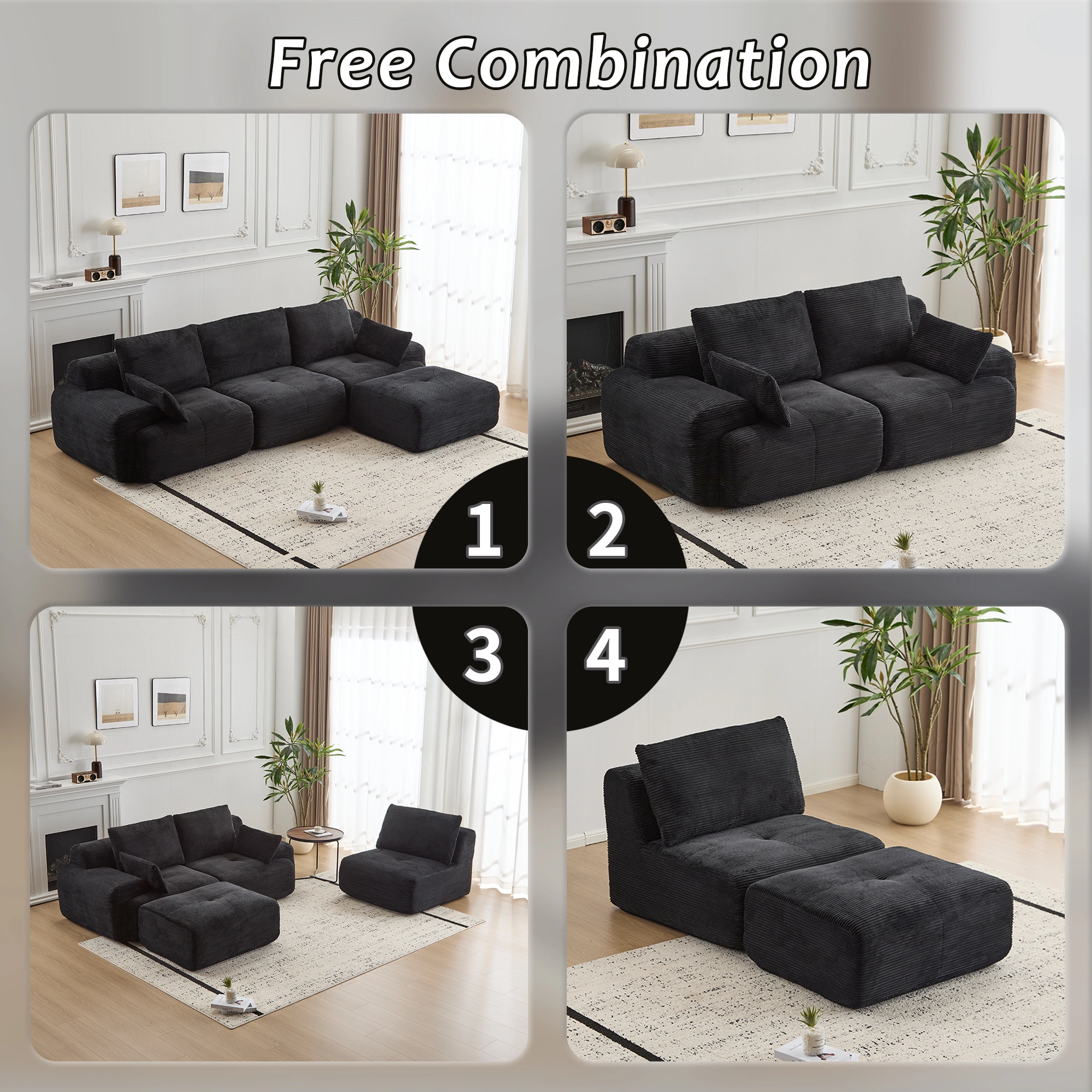 Corduroy Sectional Sofa with Memory Foam, Cloud Modular Couch, Extra Deep Loveseat, Pet-Friendly, Black, No Assembly view 6