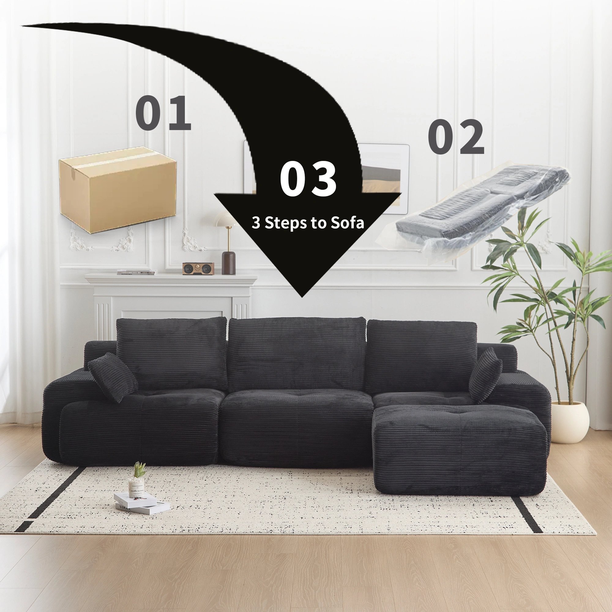 Corduroy Sectional Sofa with Memory Foam, Cloud Modular Couch, Extra Deep Loveseat, Pet-Friendly, Black, No Assembly view 8