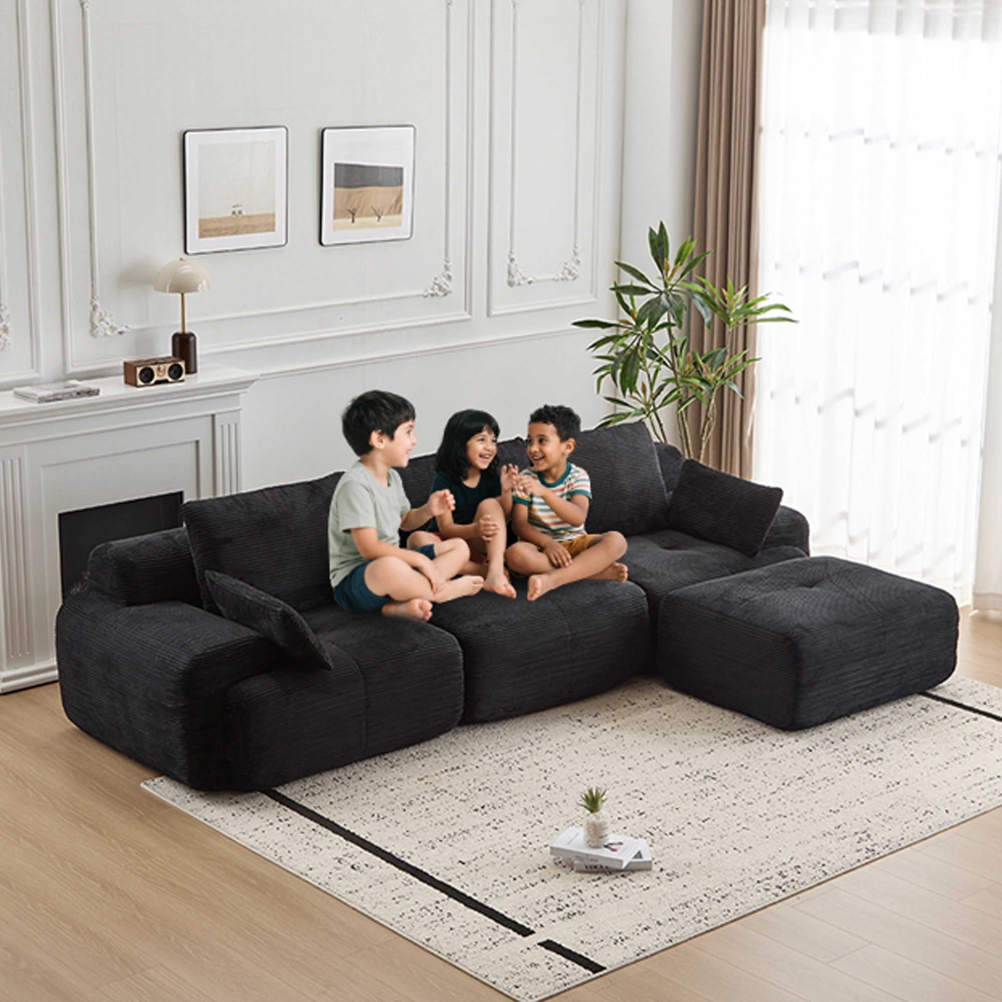 Corduroy Sectional Sofa with Memory Foam, Cloud Modular Couch, Extra Deep Loveseat, Pet-Friendly, Black, No Assembly view 9