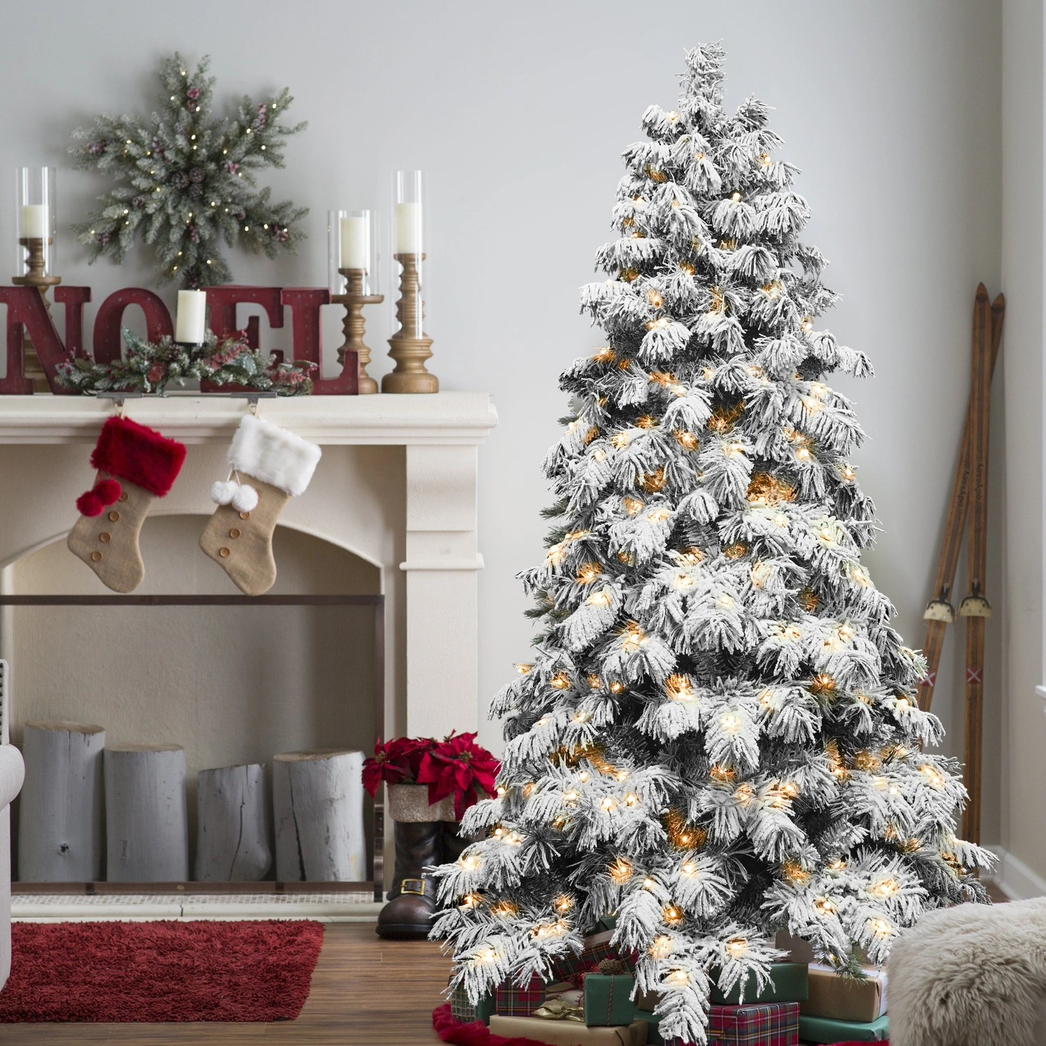7ft Flocked Scarecrow Christmas Tree with 360 Warm White LEDs, 890 PVC Tips, Power Pole & Hinged Stand - Snowy Holiday Tree