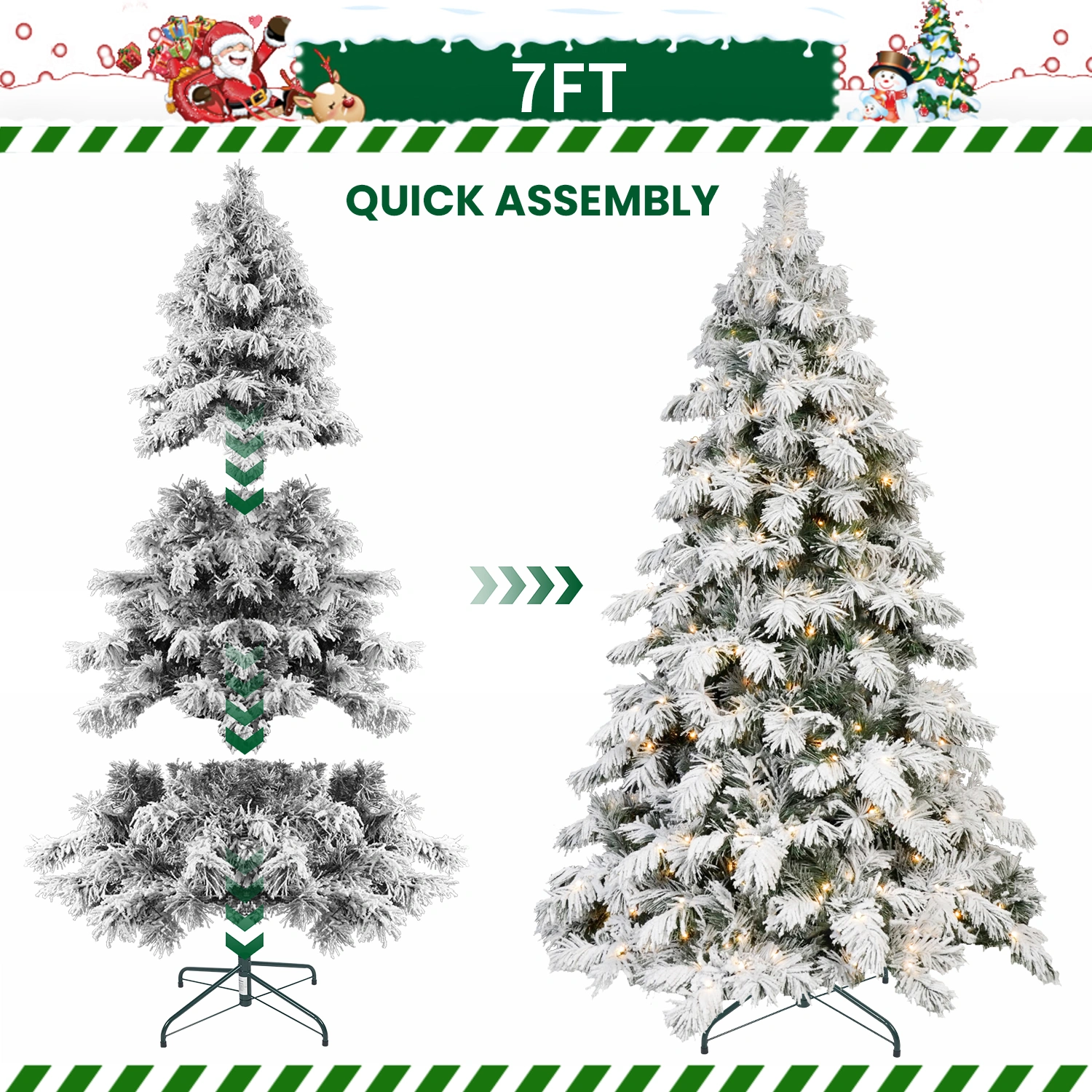 7ft Flocked Scarecrow Christmas Tree with 360 Warm White LEDs, 890 PVC Tips, Power Pole & Hinged Stand - Snowy Holiday Tree view 5