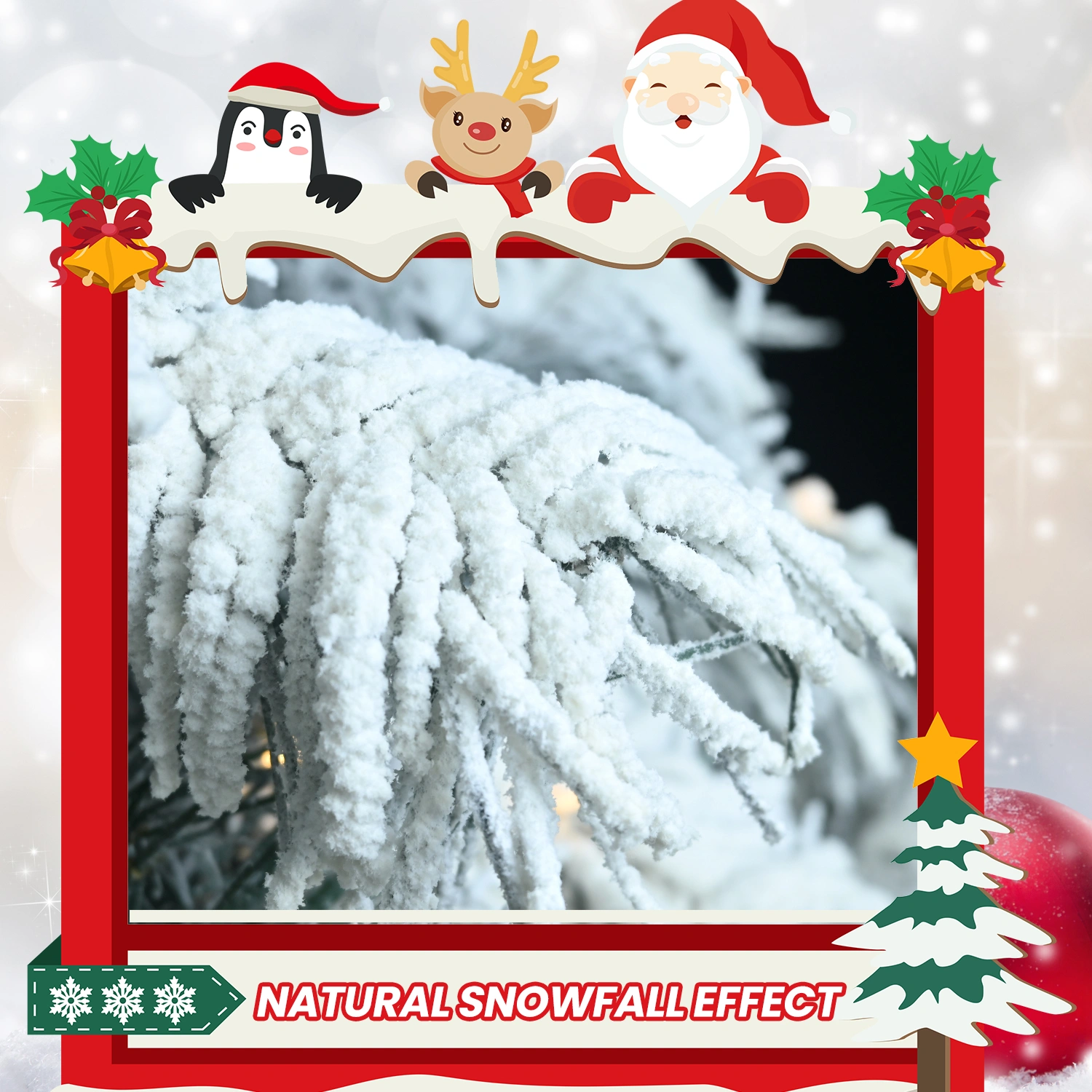7ft Flocked Scarecrow Christmas Tree with 360 Warm White LEDs, 890 PVC Tips, Power Pole & Hinged Stand - Snowy Holiday Tree view 6