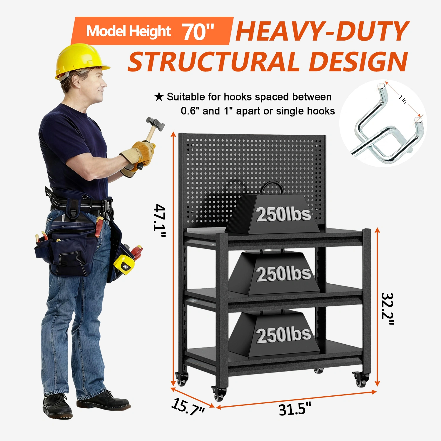 Work Bench with Pegboard,Heavy Duty 3000lbs Capacity Workbench with Wheels Adjustable Shelves,Tool Cart,Work Table for Garage Warehouse47.2"H*33.46"W*18"D view 2