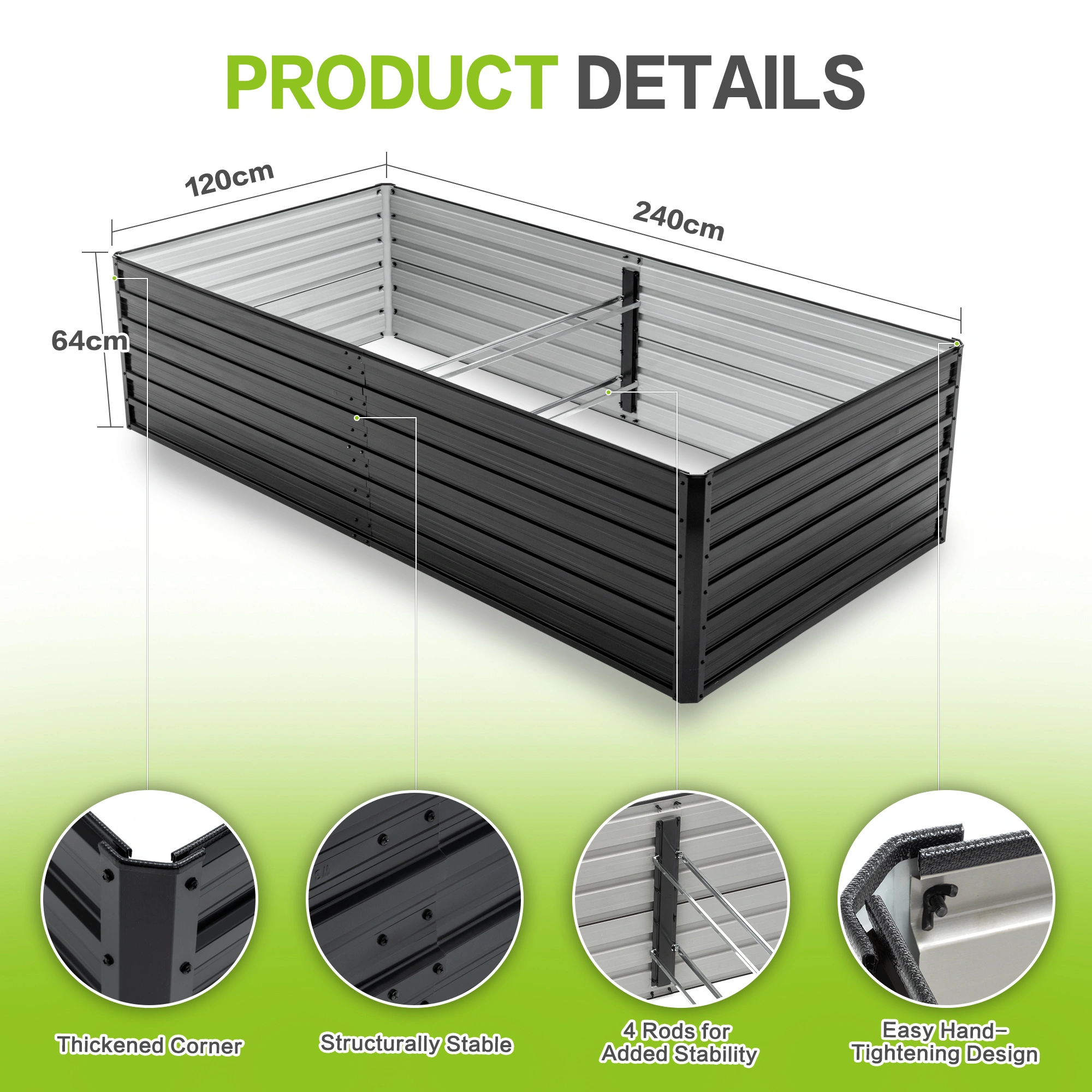 2-Pack Raised Garden Bed 240x120x64cm, Large Rustproof Steel Planter Box with Open Drainage Base & 8 Reinforcing Rods, Metal Flower Bed for Vegetables, Fruits, Herbs view 2